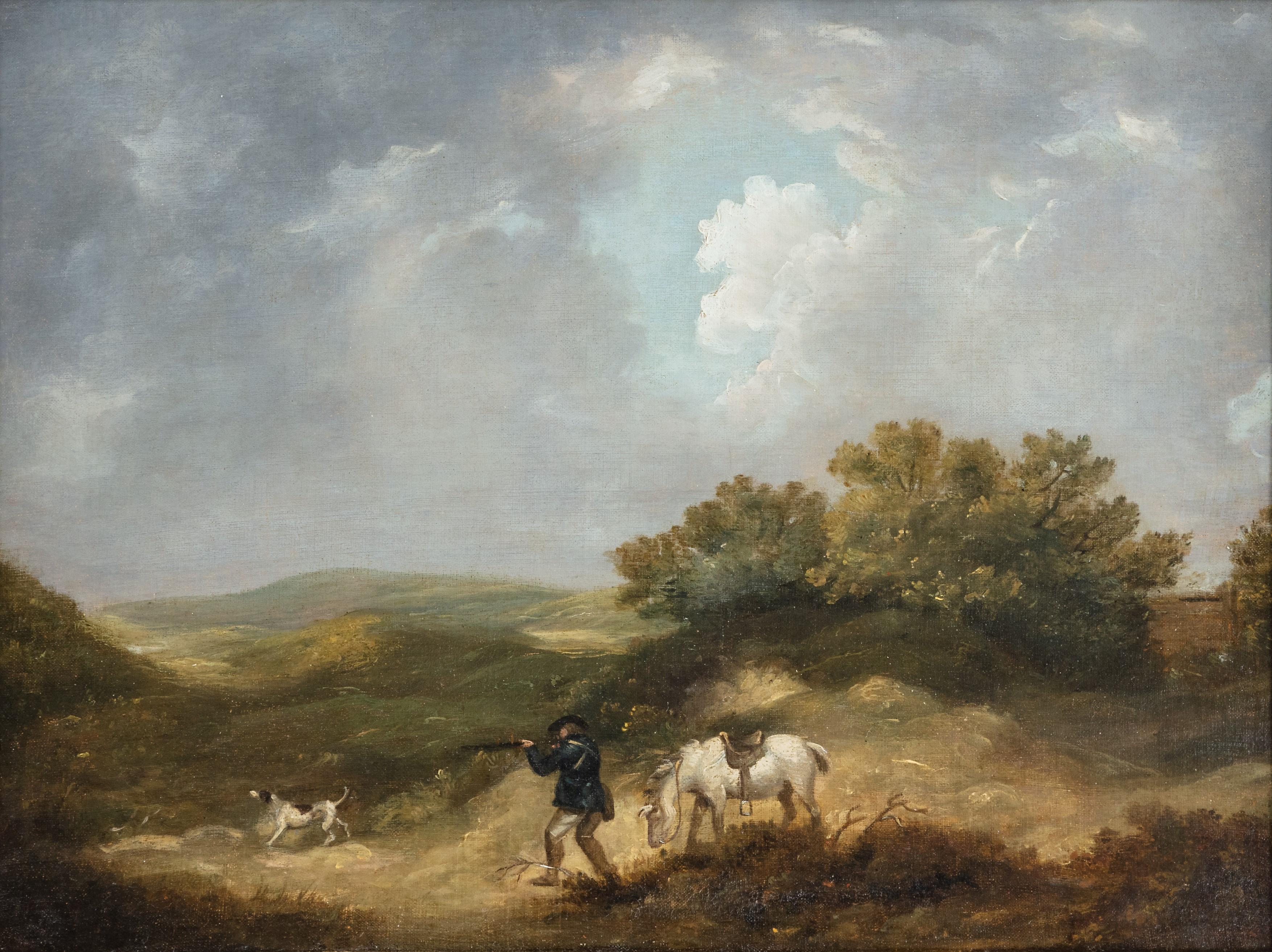 A gentleman shooting in a landscape, with his horse and dog - Painting by George Morland