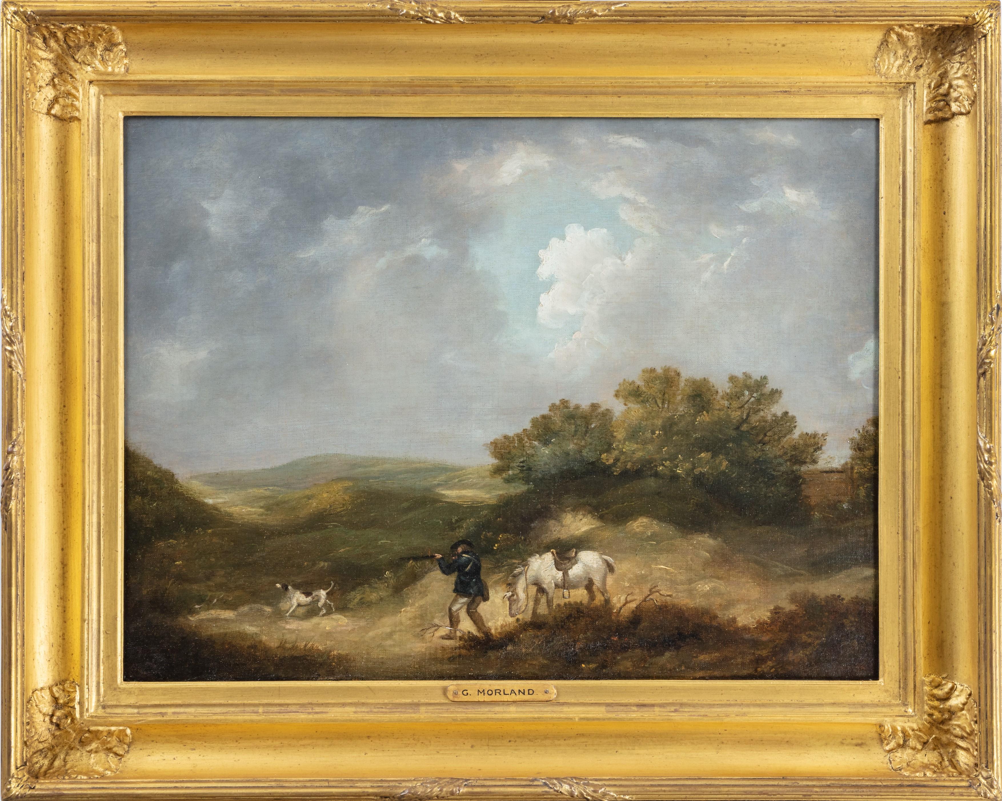 George Morland Animal Painting - A gentleman shooting in a landscape, with his horse and dog