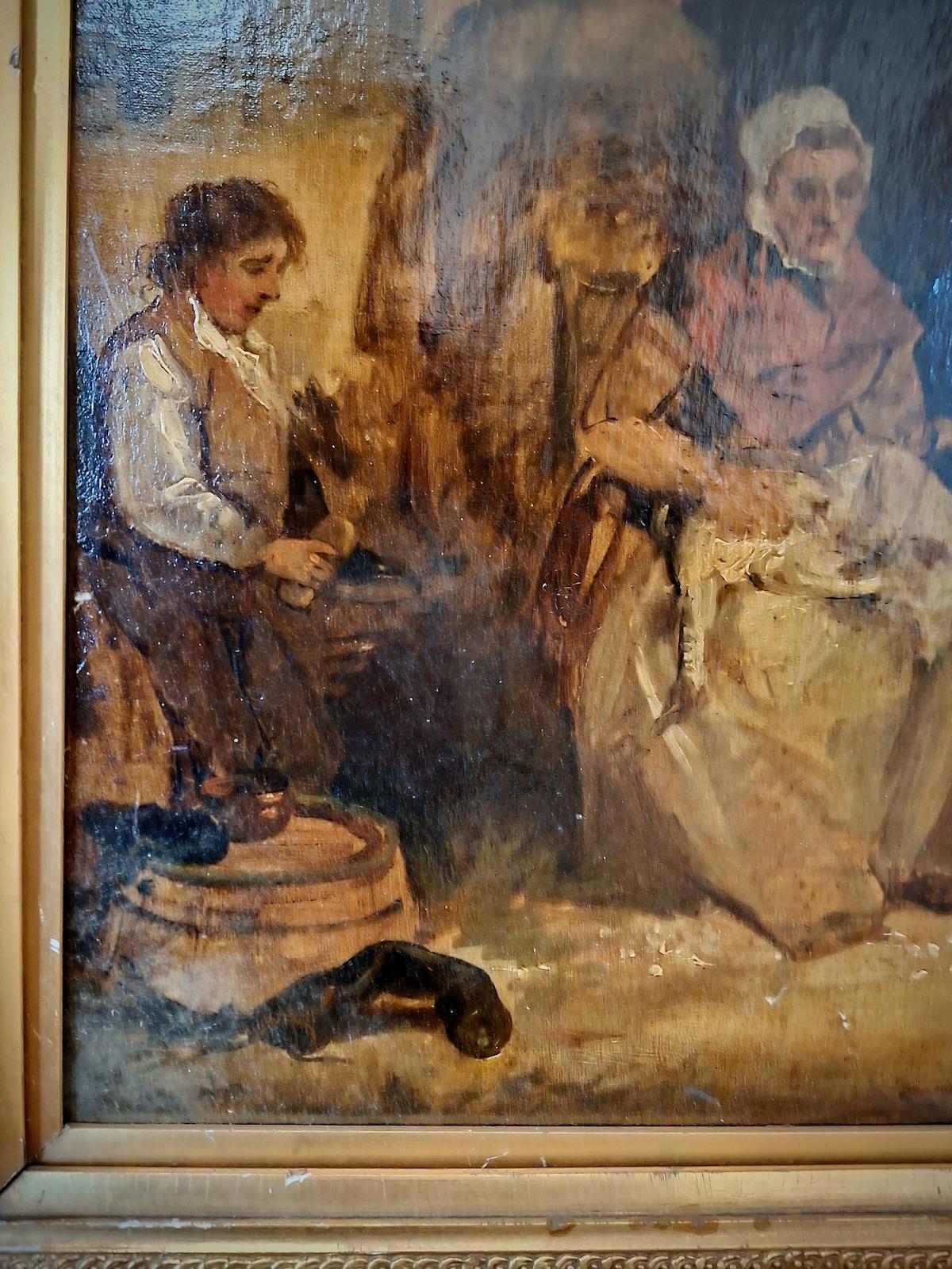 No sentimentality on the loose here. Not with the expressions on the mother and her three children all engaged in various forms of 18th-century drudgery on this late summer’s eve. Another is lurking, positively staring from the shadows at the eldest