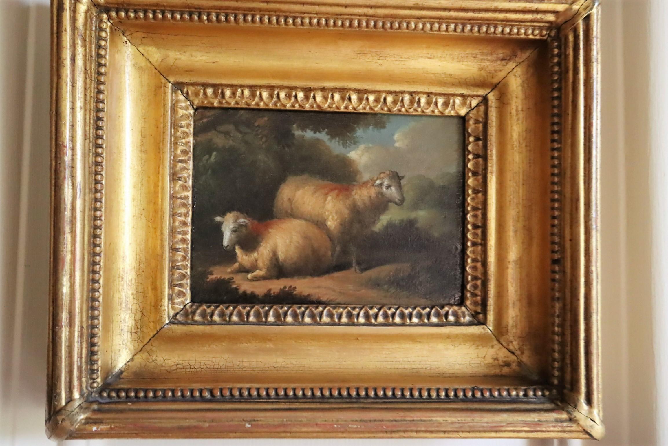George Morland
Une paire de tableaux magnifiques, l'un représentant deux moutons et l'autre deux épagneuls.
Huile sur panneau
4 1/2 x 6 1/4 pouces Toile
8 1/2 x 10 pouces Encadré
GM.