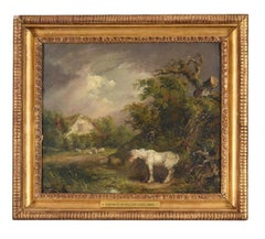 A white horse sheltering from a storm
