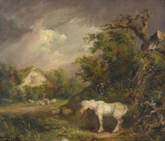 A white horse sheltering from a storm
