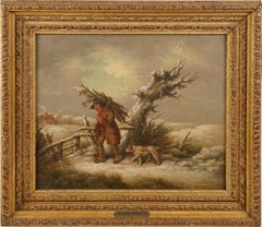 Antique English Bucolic Winter Landscape with Figure Original Oil Painting