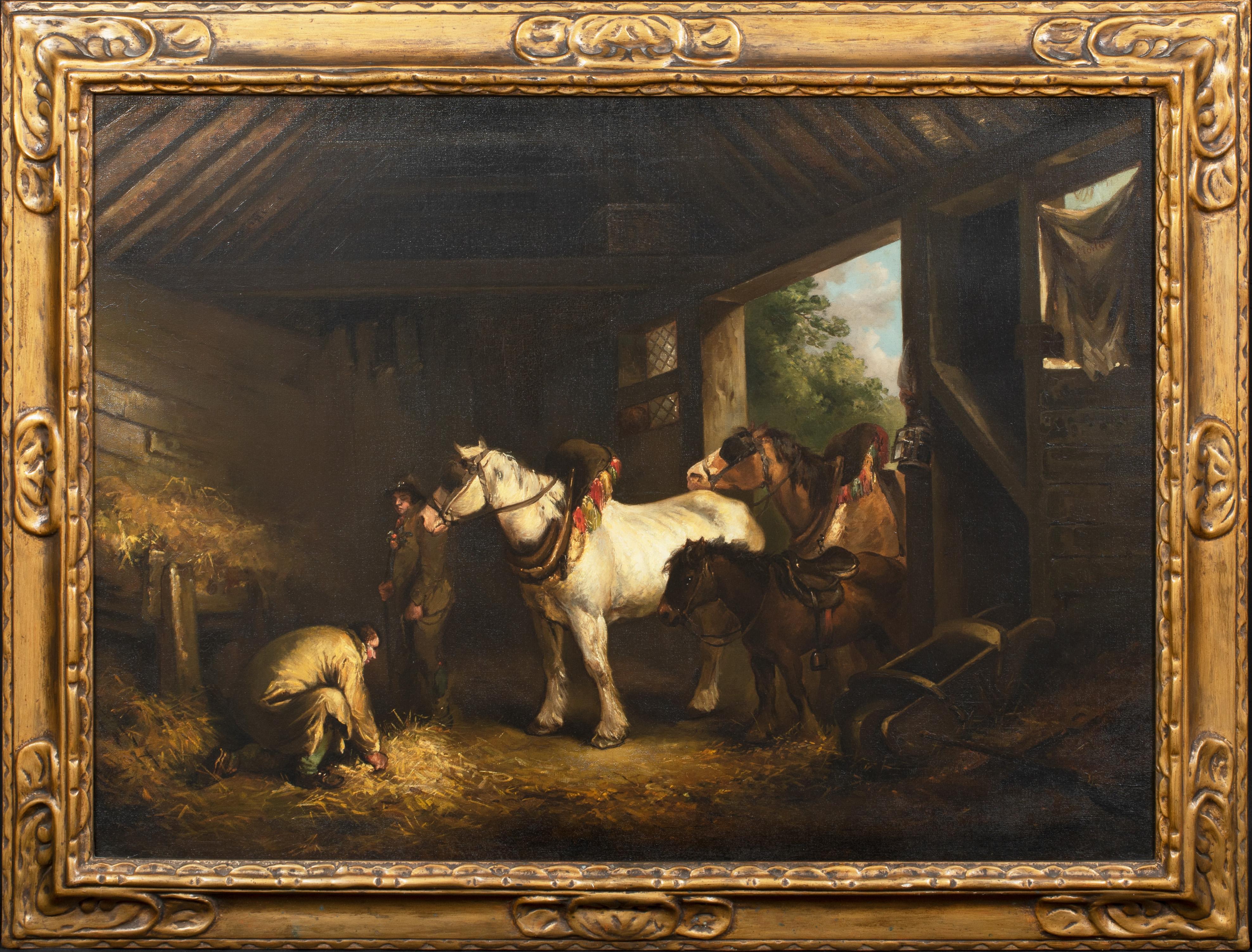 Barn Interior With Horses & Figures, circa 1800 - Painting by George Morland