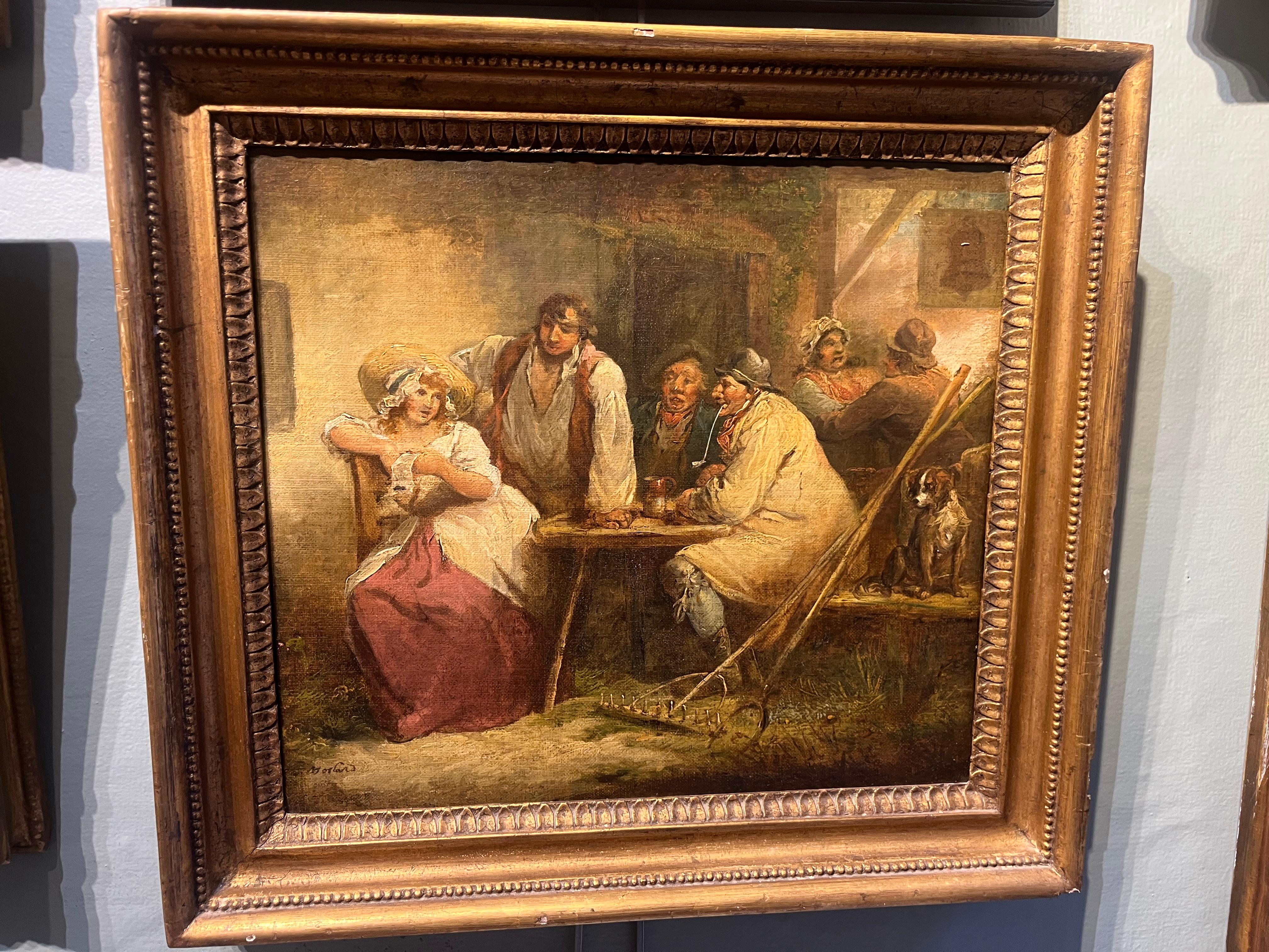 Scena di locanda del XVIII secolo con gente rustica che beve e cane Pittura ad olio - Art di George Morland