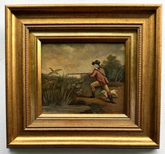 Antique English 19th-century, man out Duck Shooting in a landscape with his spaniel dogs
