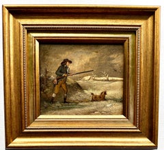 English 19th-century, man out Shooting in a Frozen Winter landscape with his dog