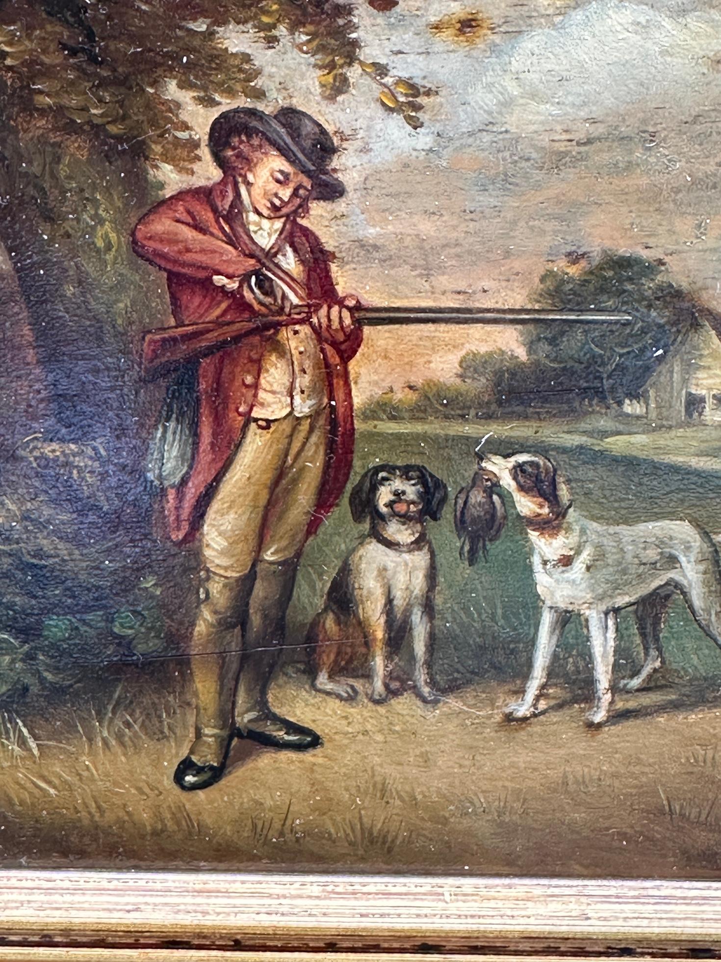 English 19th-century, man out Shooting in a landscape with his spaniel dogs - Victorian Painting by George Morland