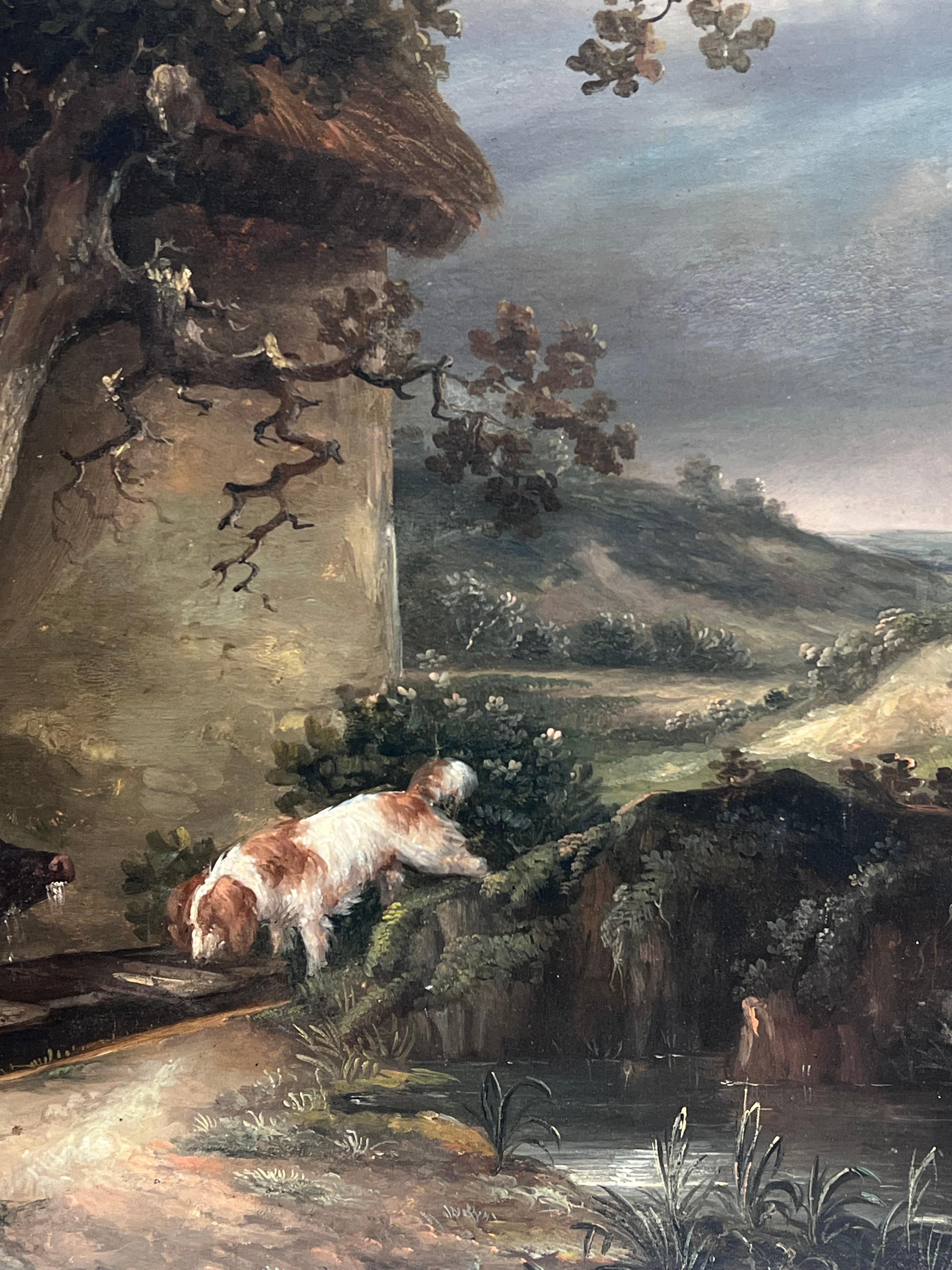 Fine Quality 1790's English Oil Painting The Pig Farmer Rural Cottage Landscape For Sale 7
