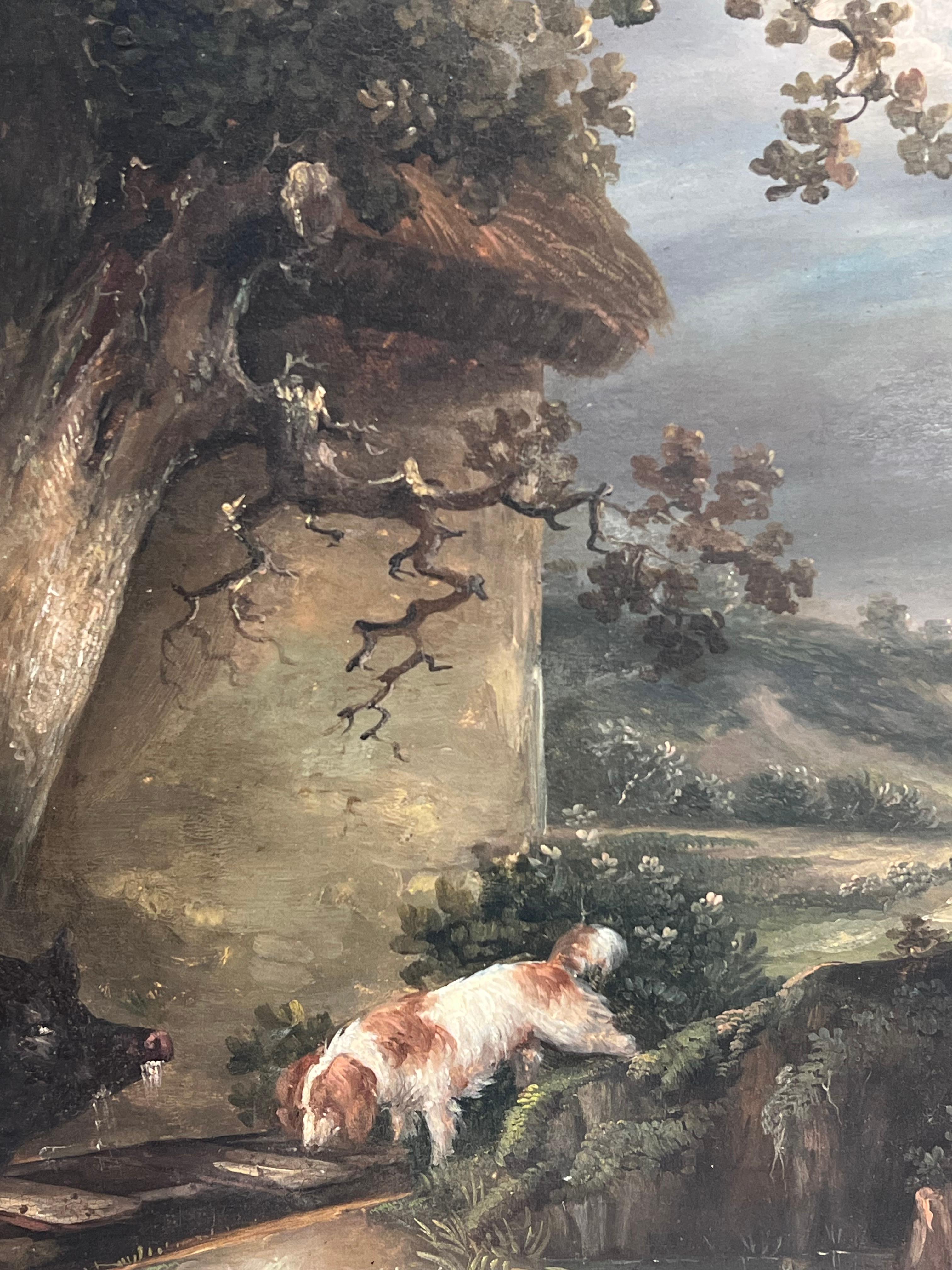 Fine Quality 1790's English Oil Painting The Pig Farmer Rural Cottage Landscape For Sale 8