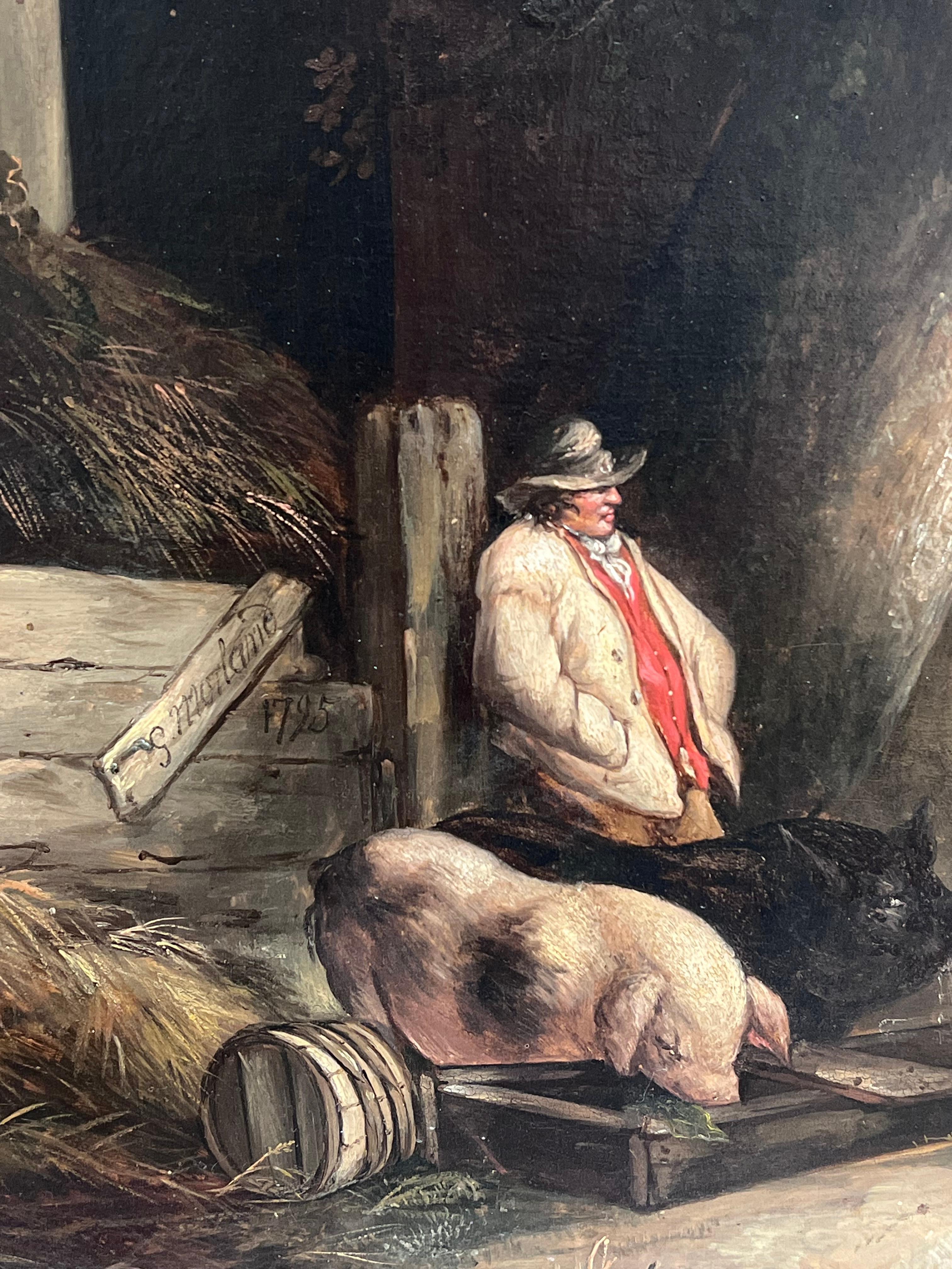 Fine Quality 1790's English Oil Painting The Pig Farmer Rural Cottage Landscape For Sale 9