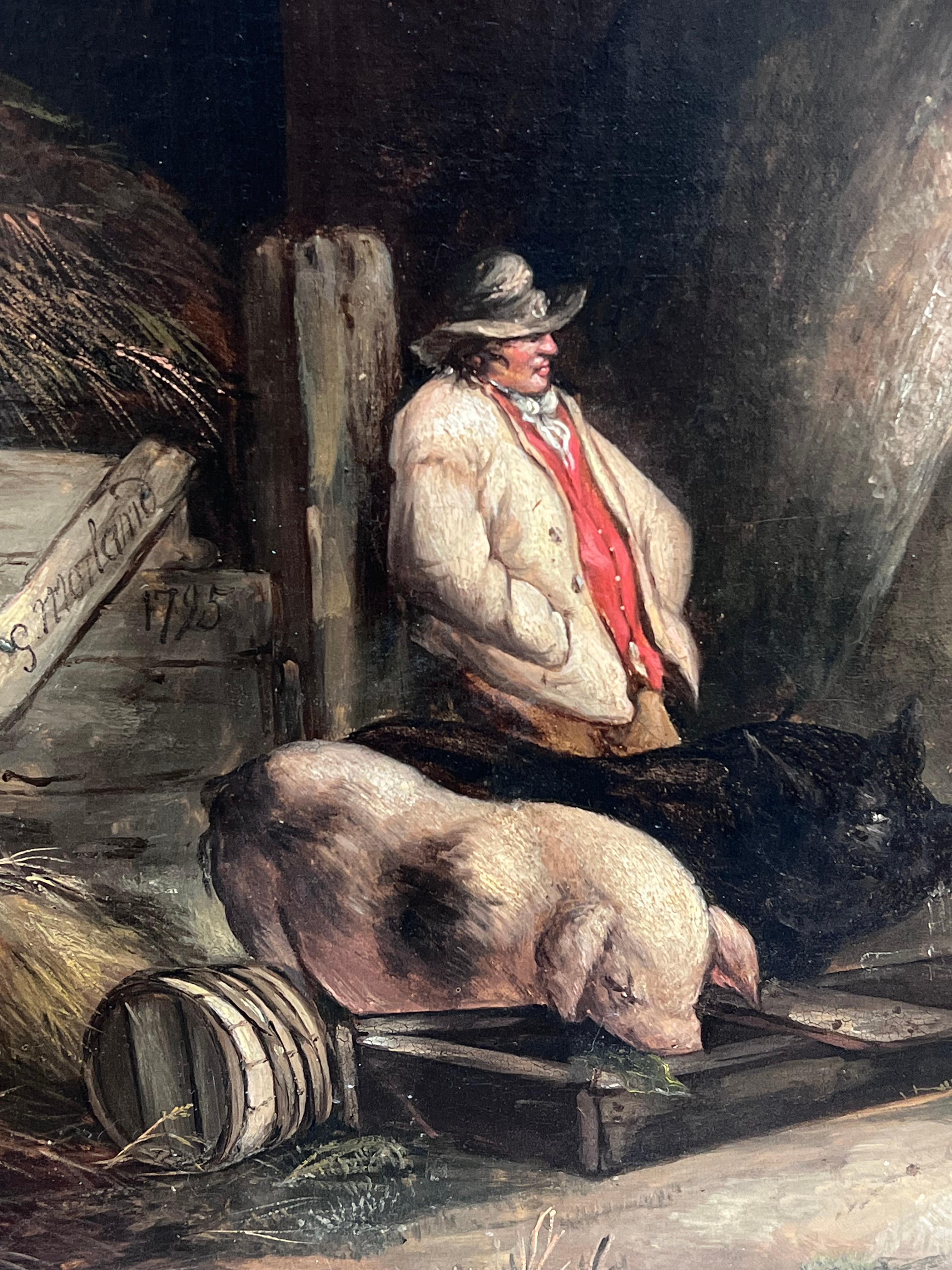 Fine Quality 1790's English Oil Painting The Pig Farmer Rural Cottage Landscape For Sale 10