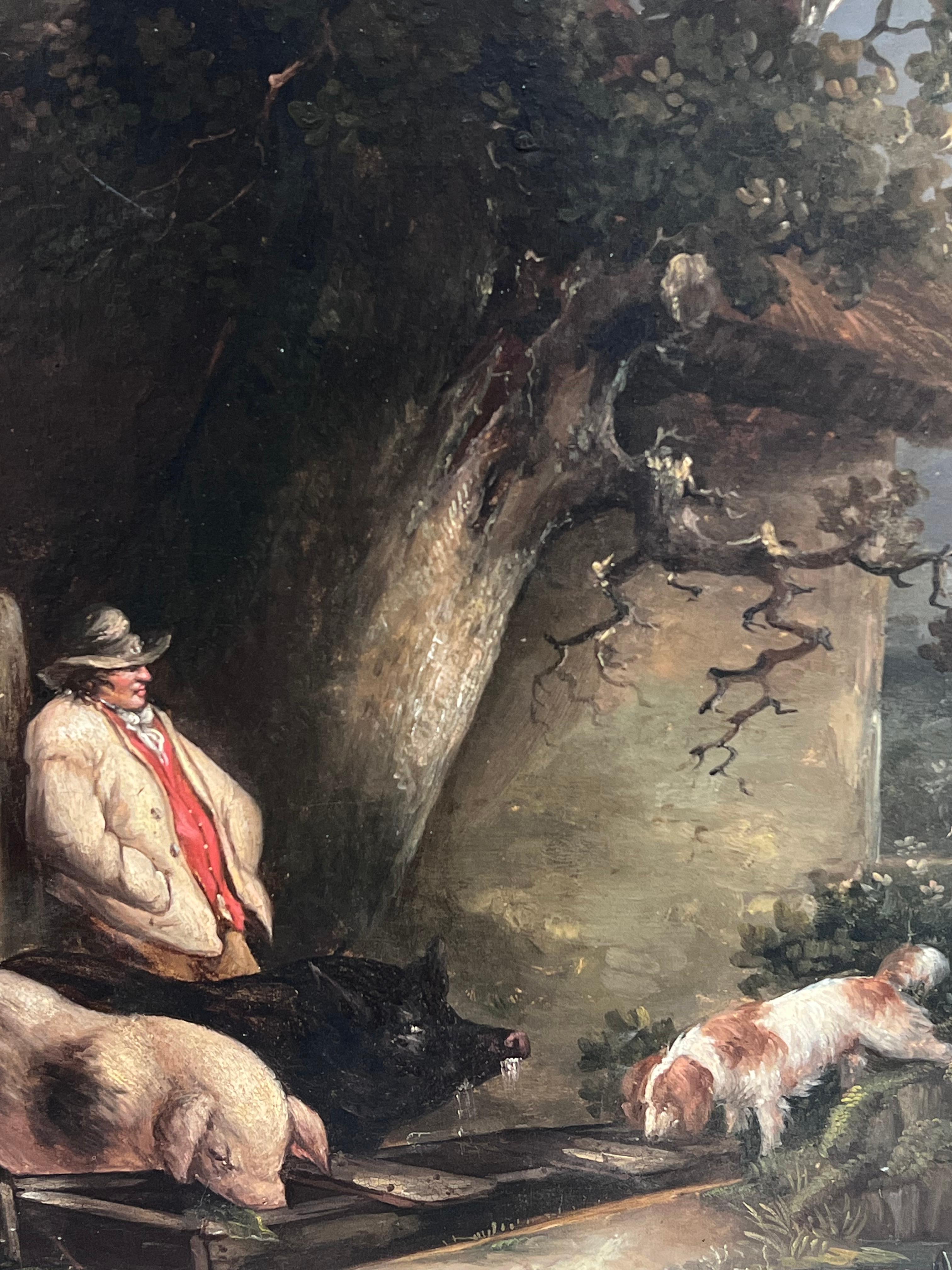 Fine Quality 1790's English Oil Painting The Pig Farmer Rural Cottage Landscape For Sale 11
