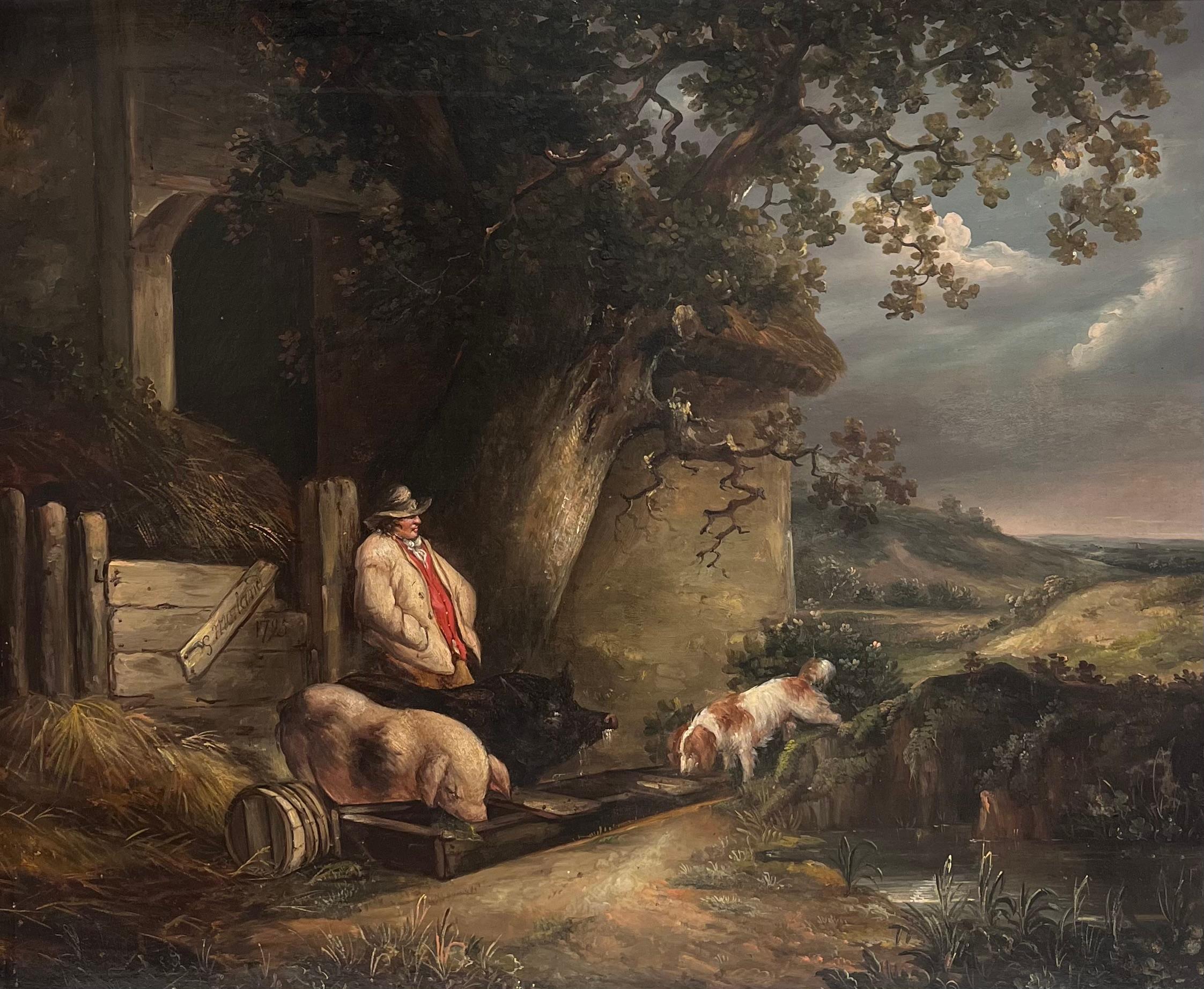 Fine Quality 1790's English Oil Painting The Pig Farmer Rural Cottage Landscape - Brown Animal Painting by George Morland