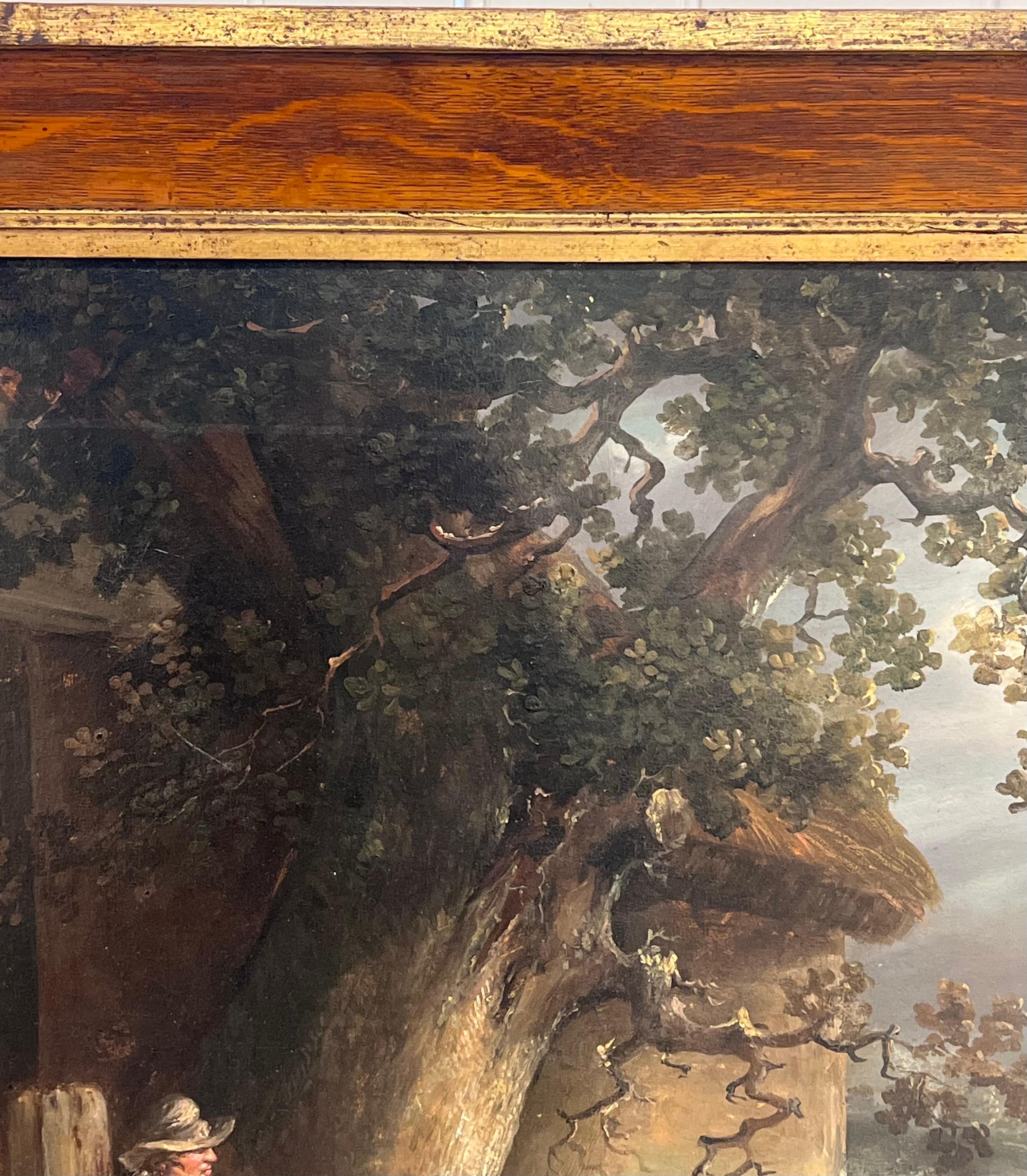 Fine Quality 1790's English Oil Painting The Pig Farmer Rural Cottage Landscape For Sale 1