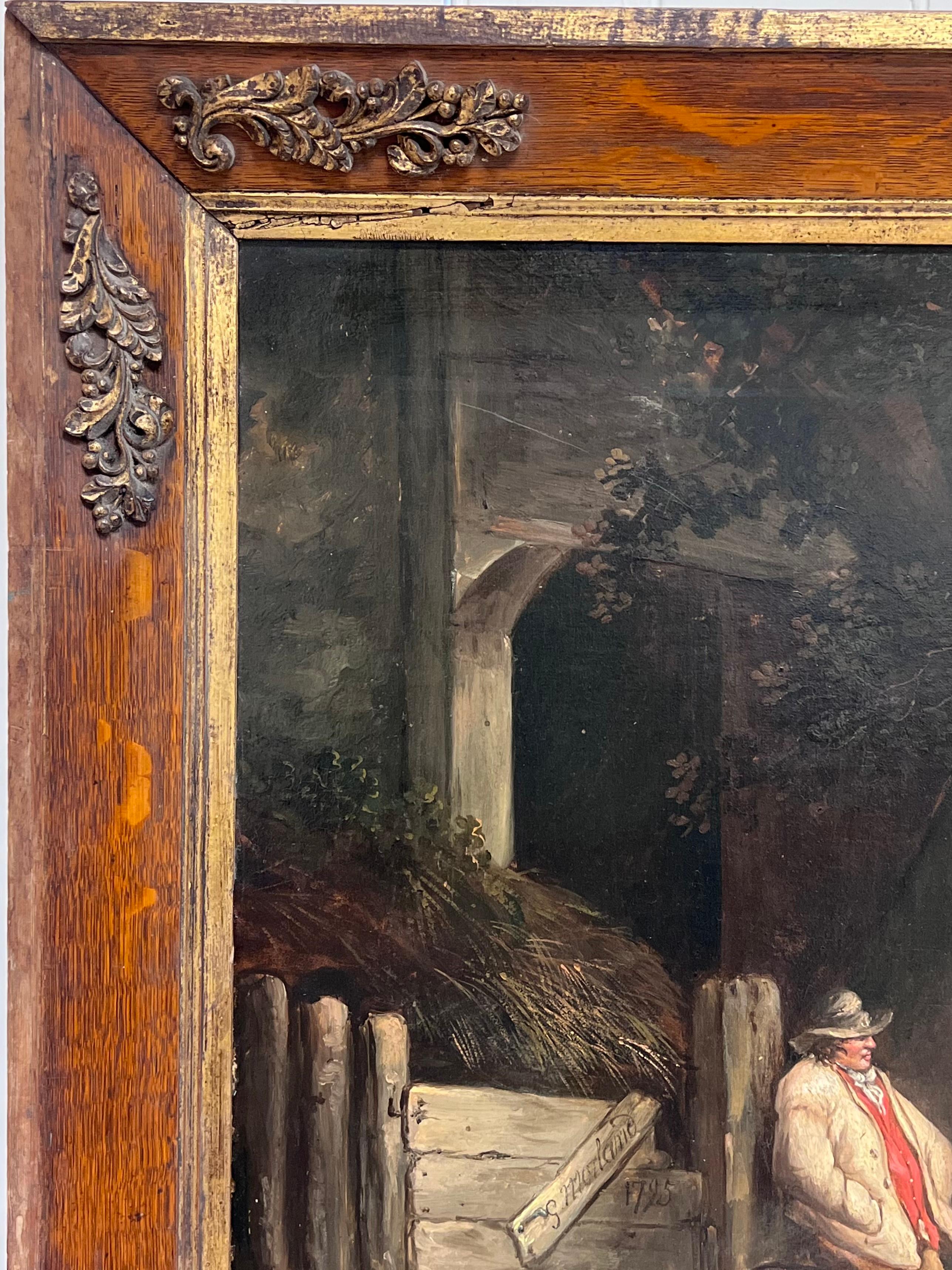 Fine Quality 1790's English Oil Painting The Pig Farmer Rural Cottage Landscape For Sale 2