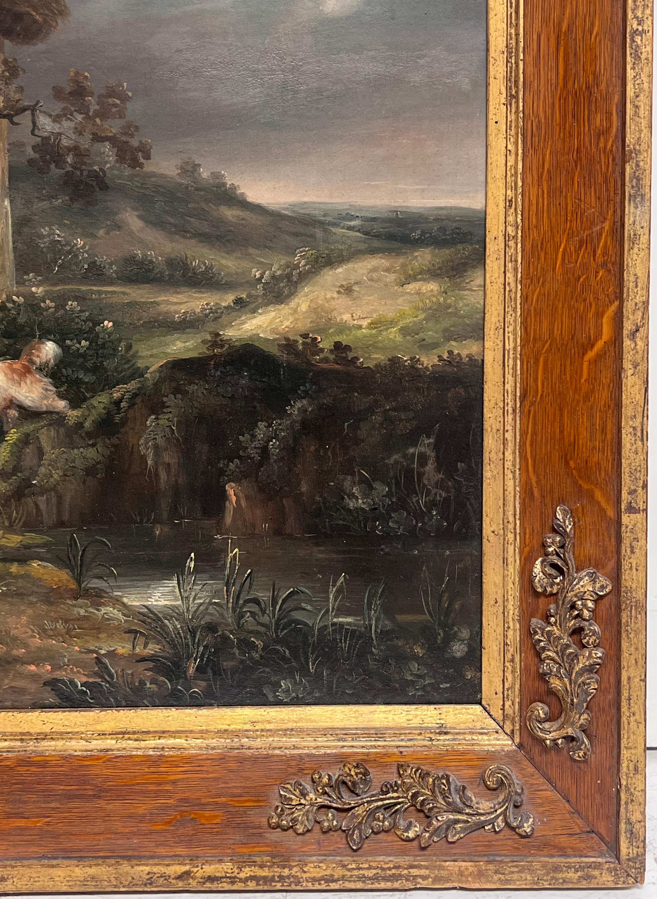 Fine Quality 1790's English Oil Painting The Pig Farmer Rural Cottage Landscape For Sale 3