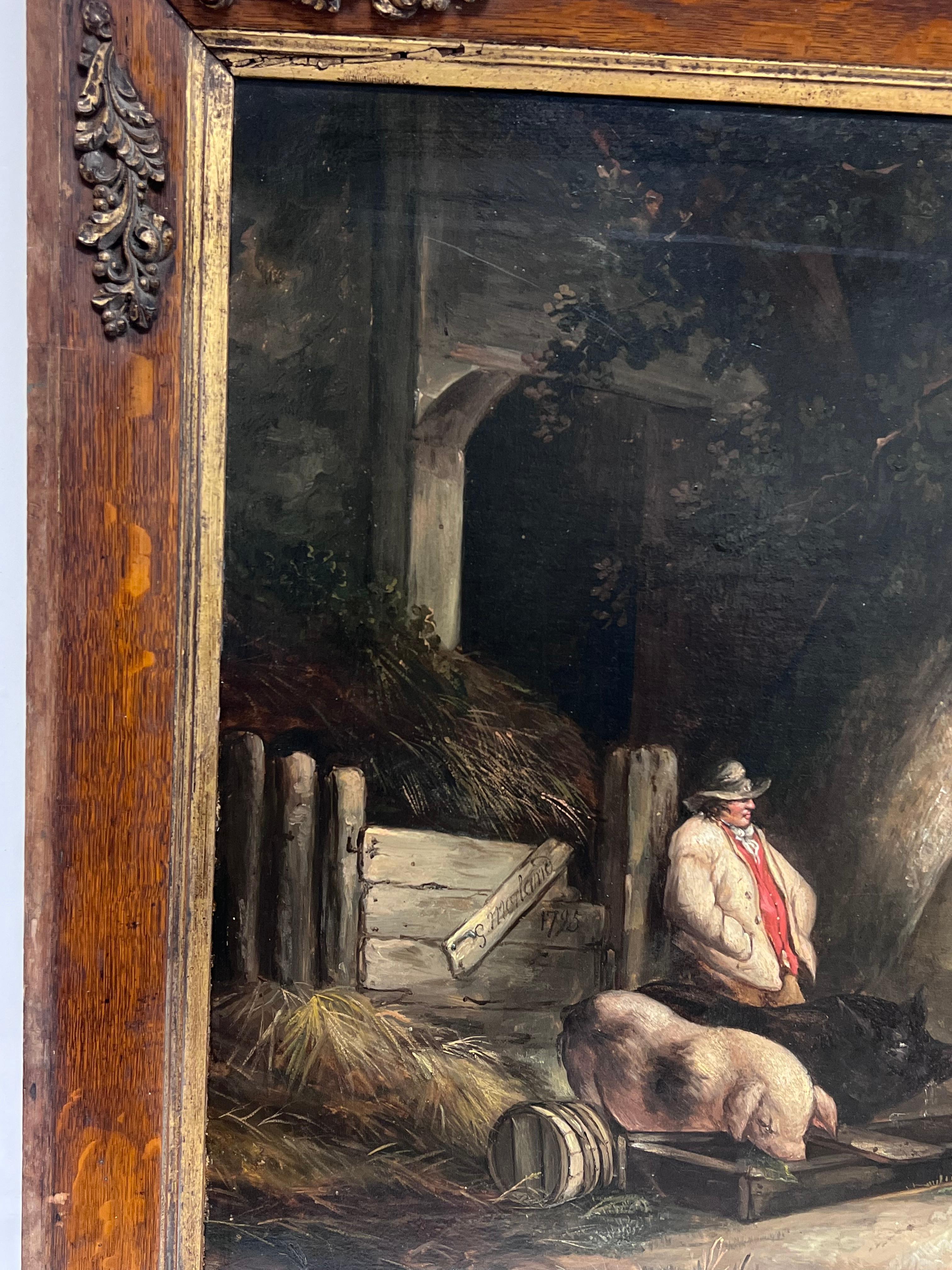 Fine Quality 1790's English Oil Painting The Pig Farmer Rural Cottage Landscape For Sale 5