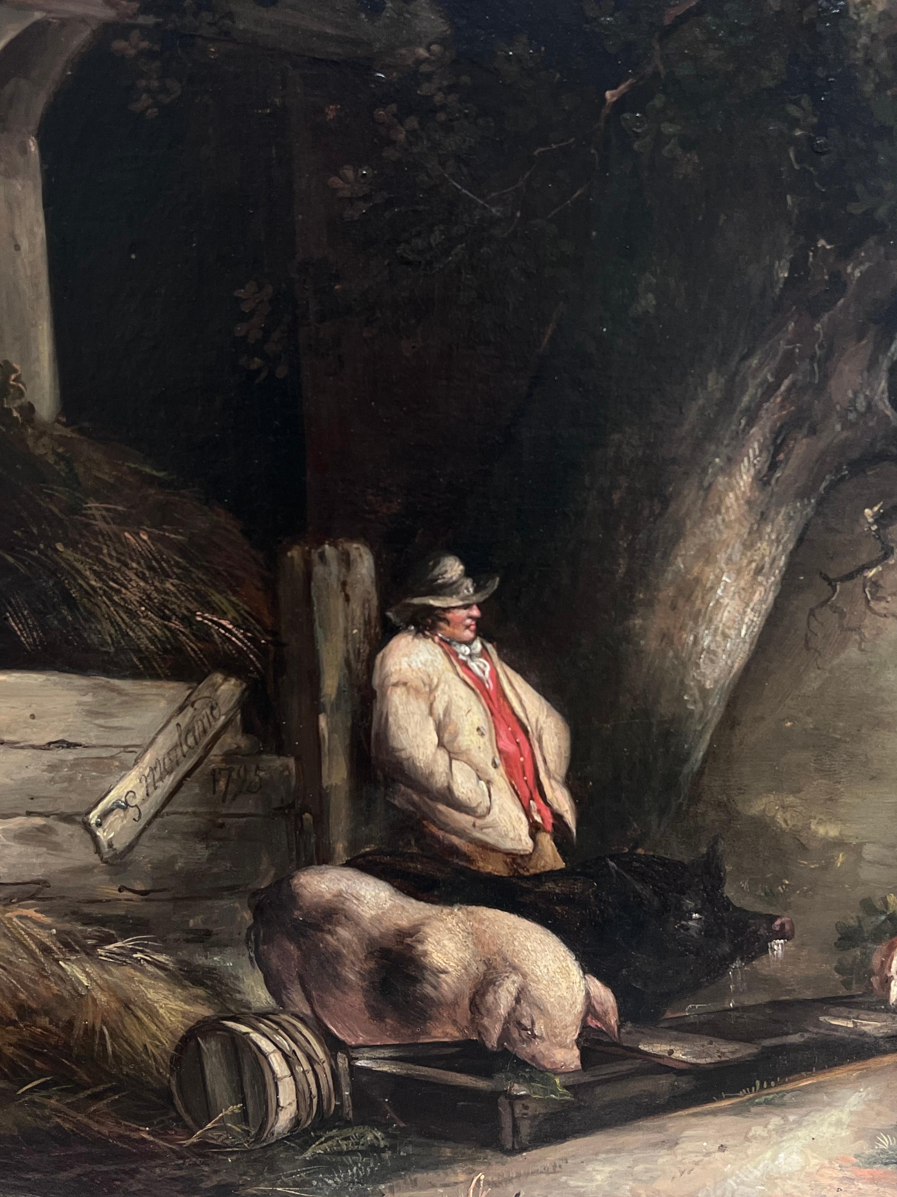 Fine Quality 1790's English Oil Painting The Pig Farmer Rural Cottage Landscape For Sale 6
