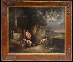 Fine Quality 1790's English Oil Painting The Pig Farmer Rural Cottage Landscape
