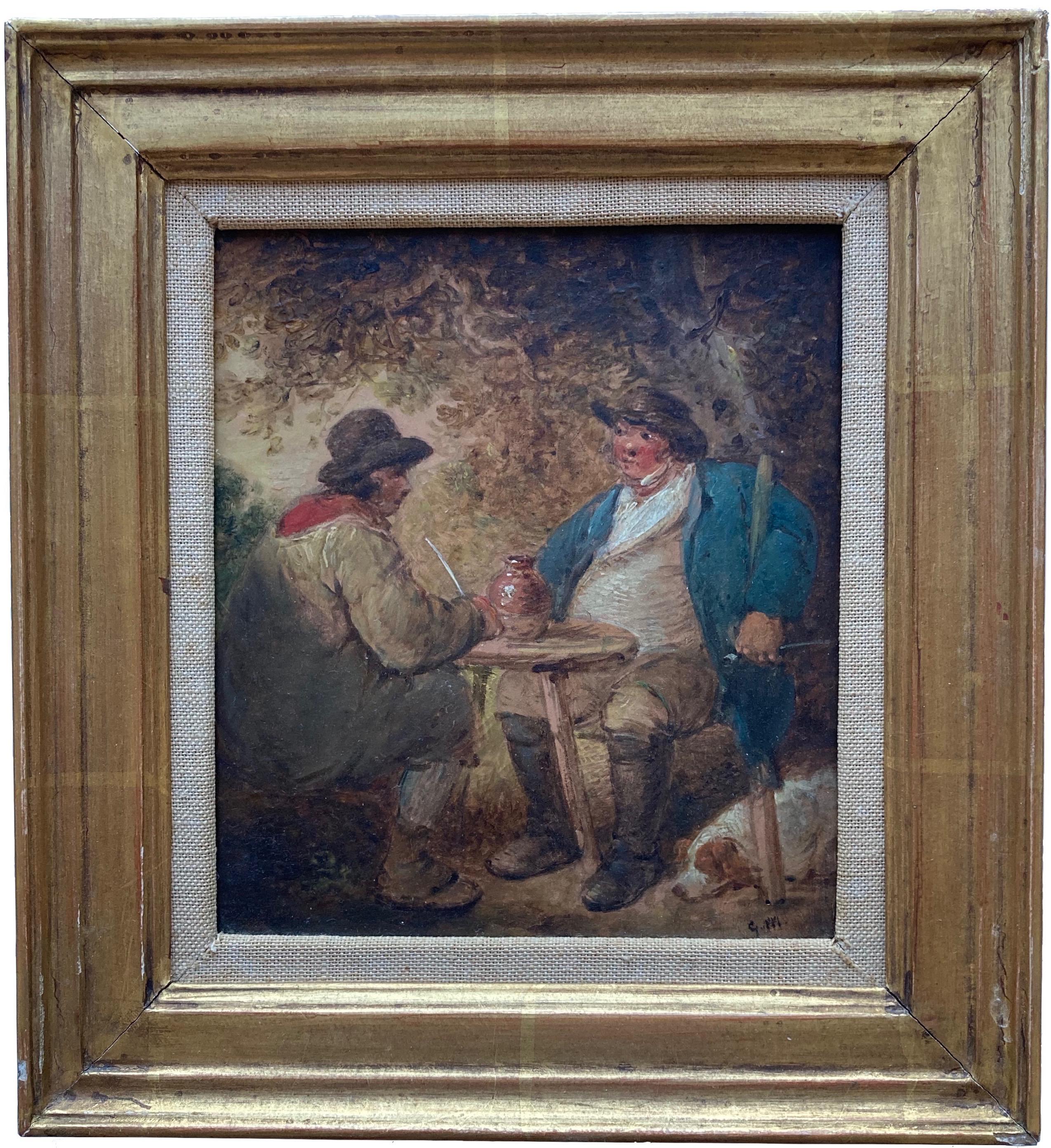 A charming rustic scene with figures drinking outside a tavern. Painted on a lovely old oak panel with labels and a wax seal.

George Morland (1763-1804)
Figures outside an Inn 
Oil on panel
With seal and labels to the reverse
7 x 6 inches
10 x 9