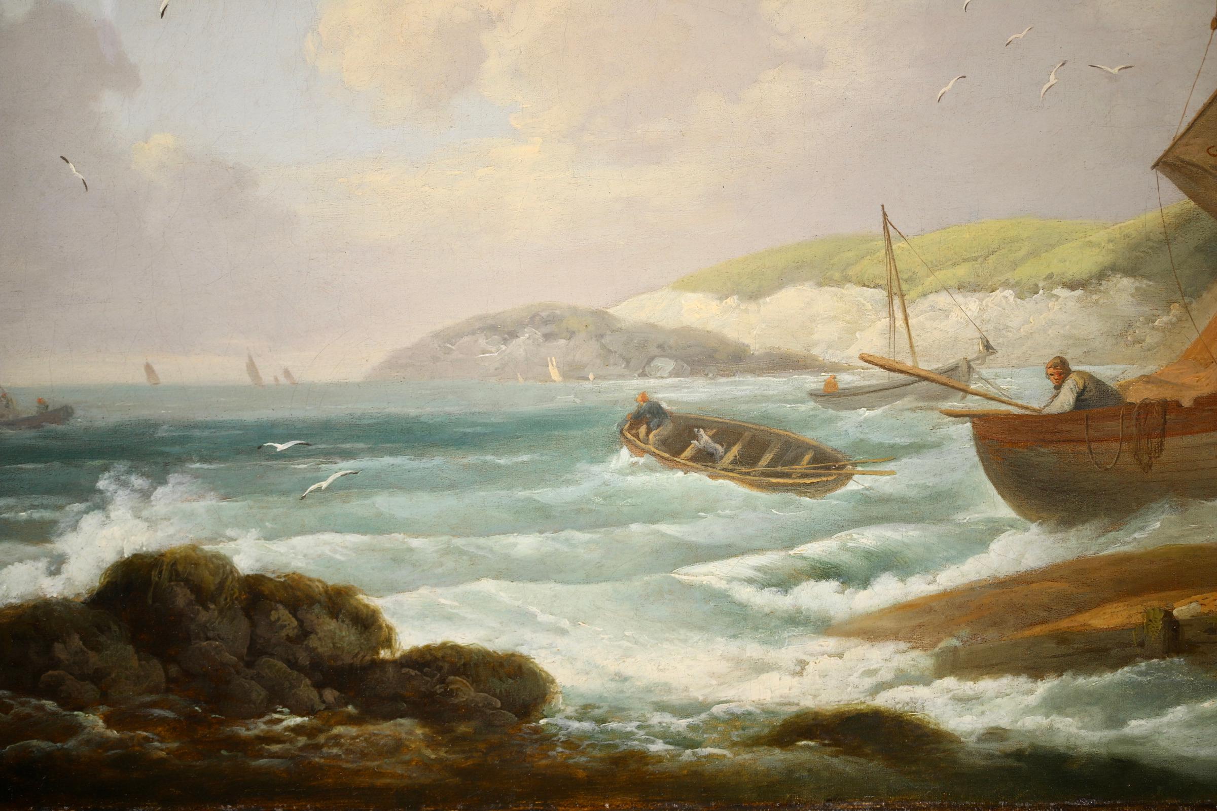 A beautiful original oil on canvas by George Morland R.A. the important english landscape and figure painter who worked din the 18th century. This large canvas depicts boats heading out to sea from the Isle of Wight. The painting has great