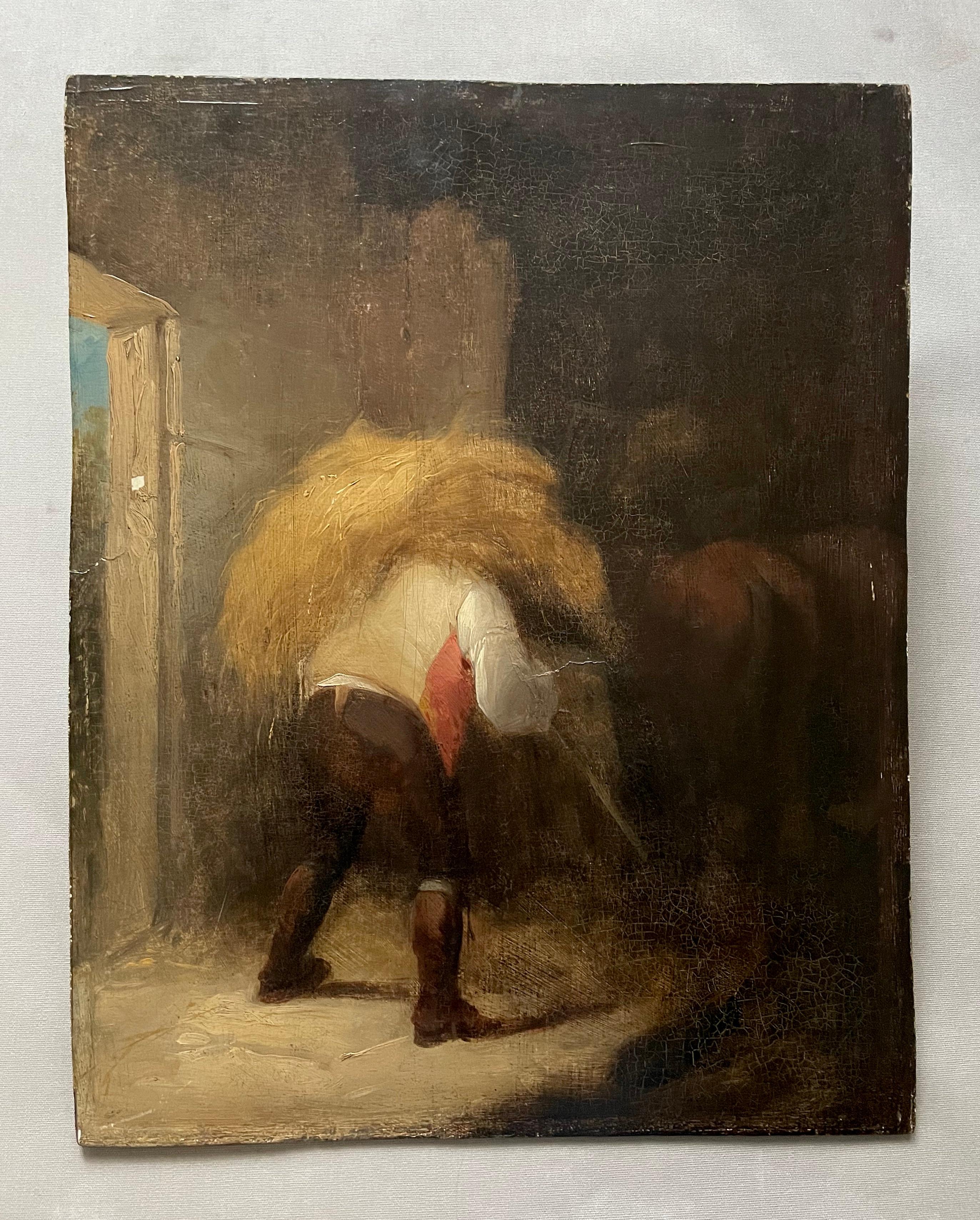 Lo sposo nella stalla, olio su pannello, fine XVIII secolo - Painting di George Morland