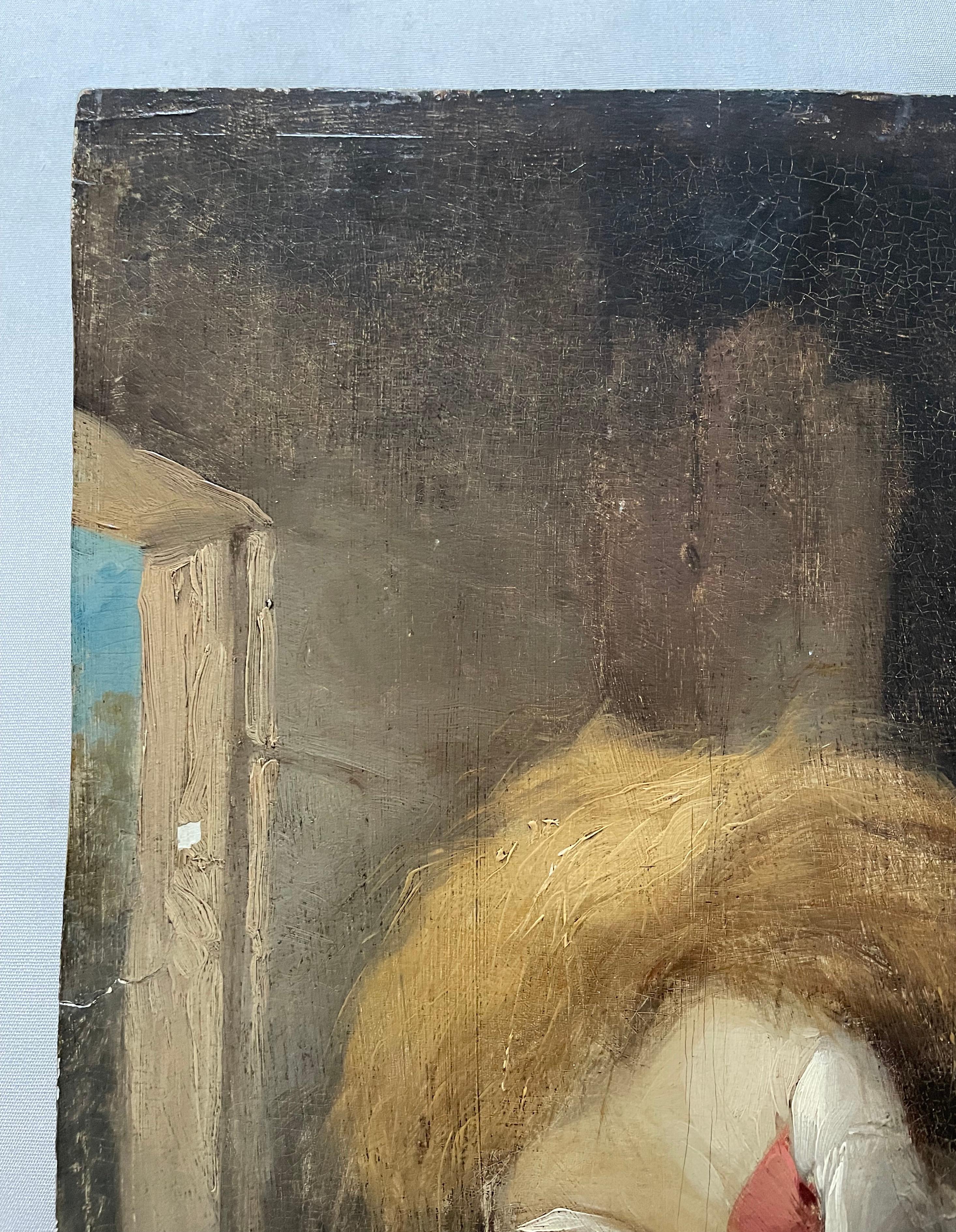 Lo sposo nella stalla, olio su pannello, fine XVIII secolo - Figurative Painting Marrone di George Morland
