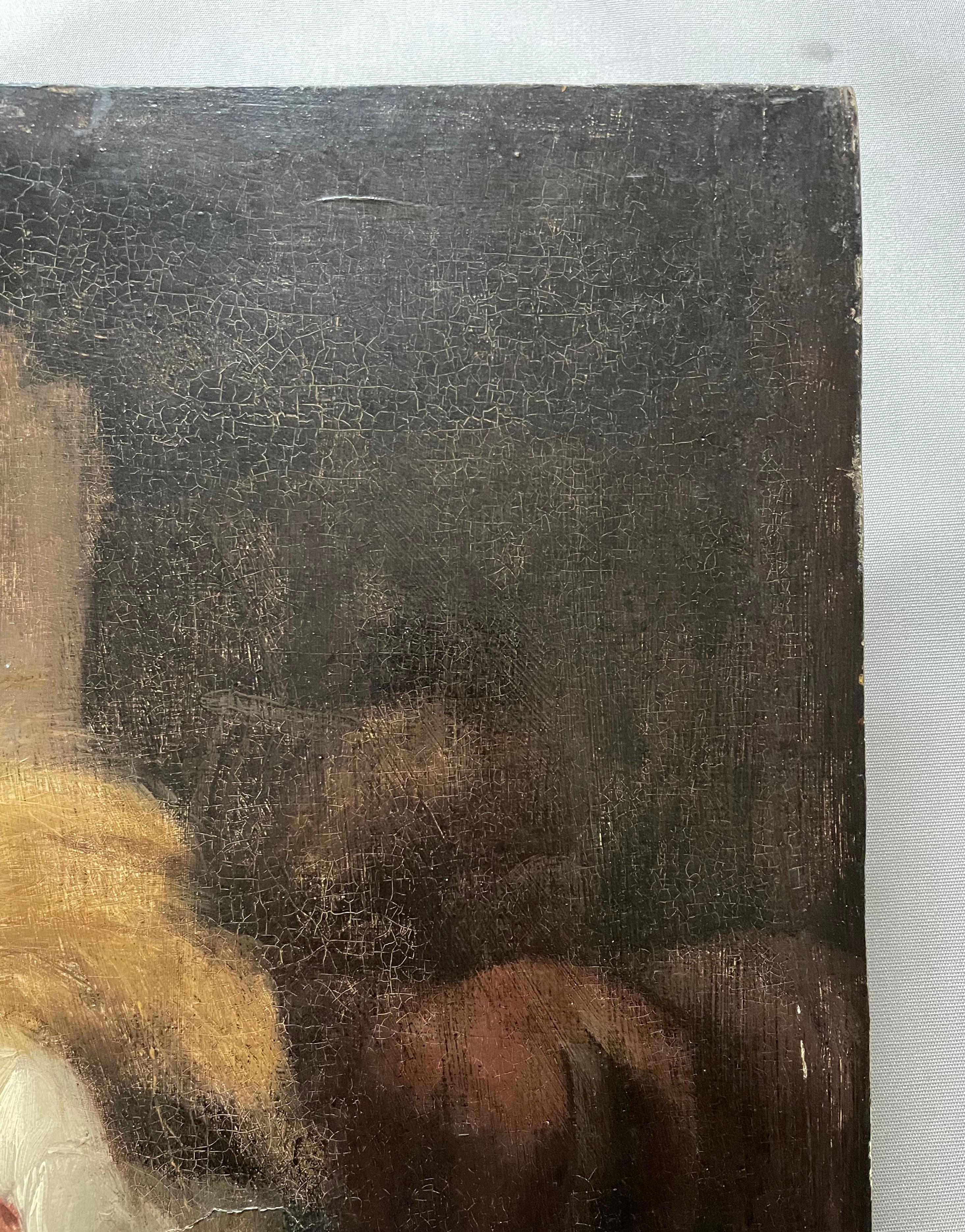 Lo sposo nella stalla.
Olio su pannello.
Etichetta del pacco sul retro con attribuzione.
Traccia di sigillo in cera sul retro.
Una piccola crepa nel pannello sul lato sinistro.
Una piccola mancanza di vernice sul lato sinistro.
Piccole crepe e
