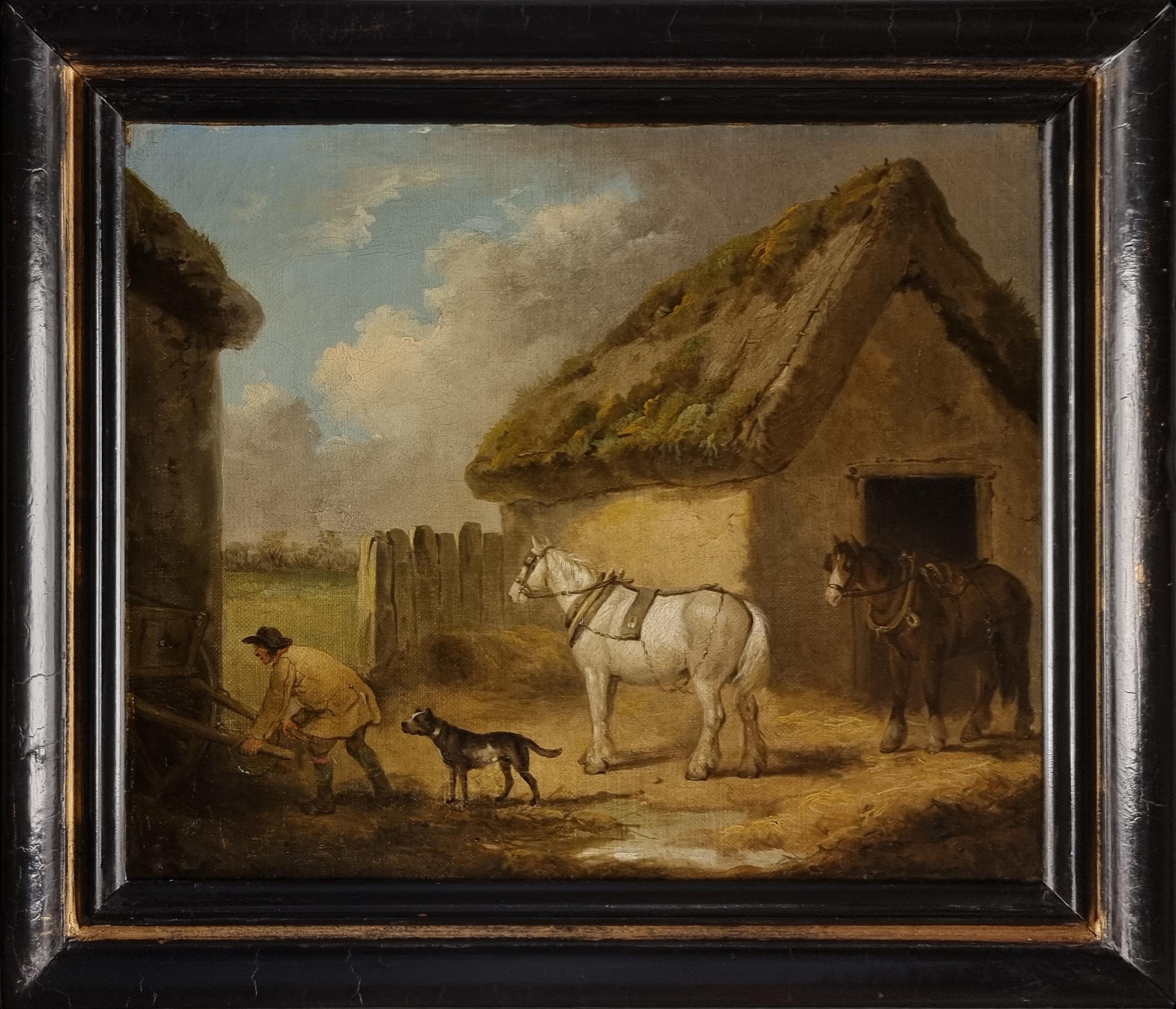 Horses, a farmer with a dog in a farmyard