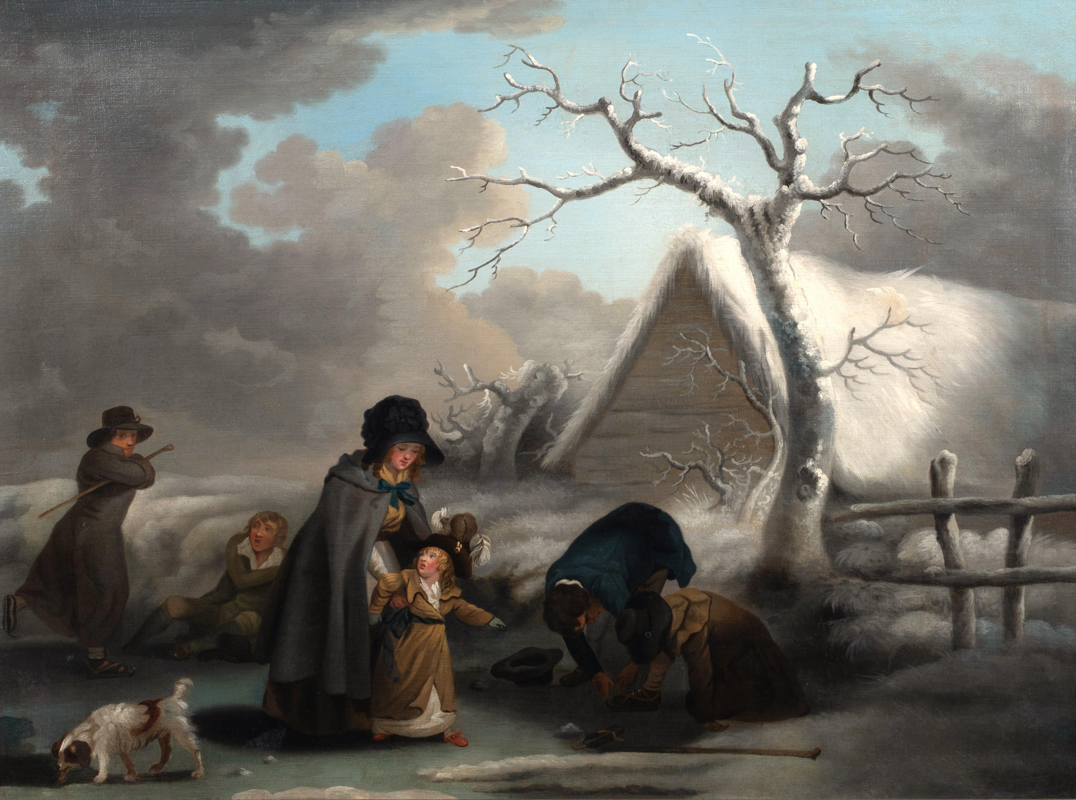 Ice Skating In A Winter Landscape, 18th Century   - Black Portrait Painting by George Morland