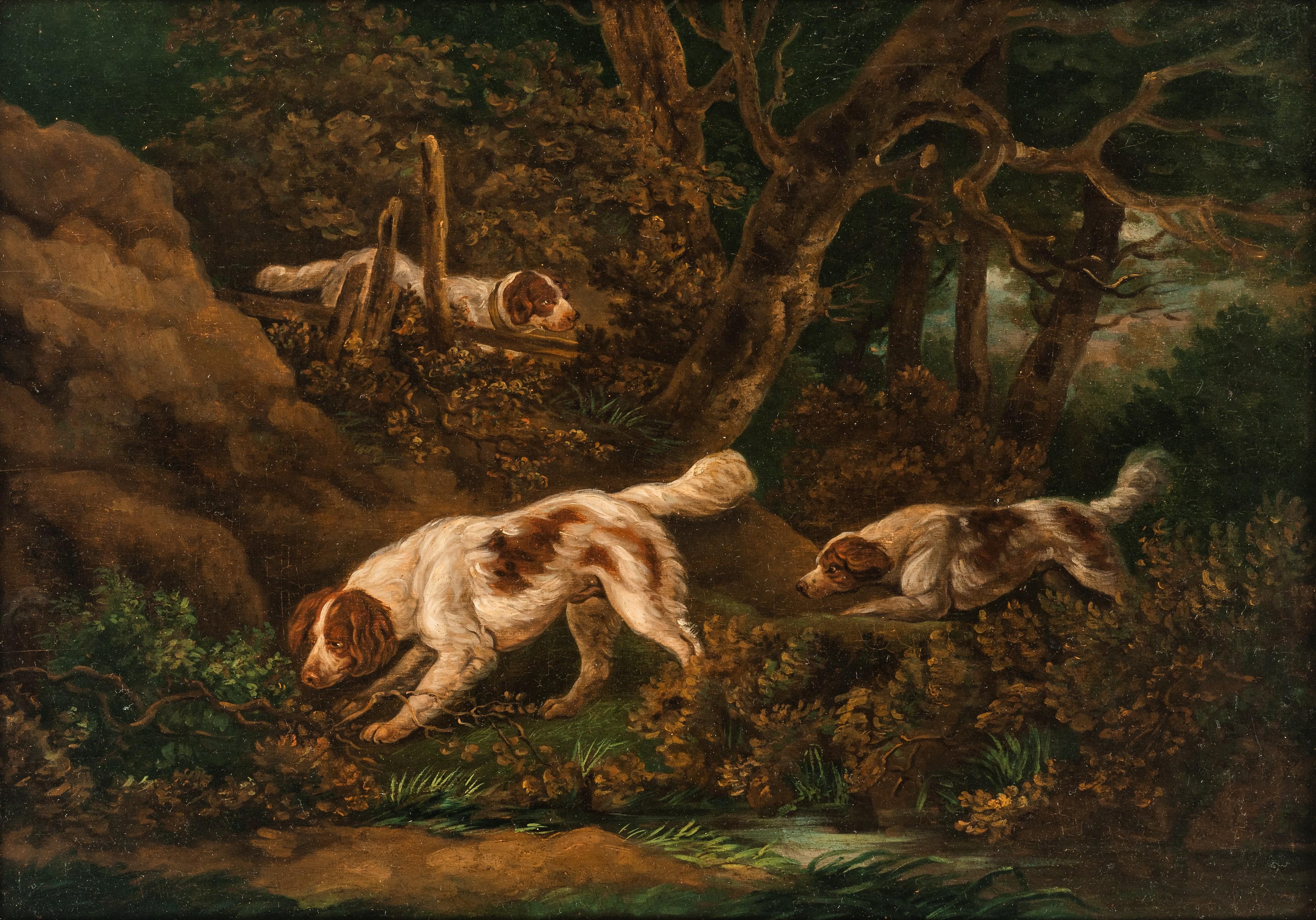 'Setters' - Dogs in a landscape - Painting by George Morland