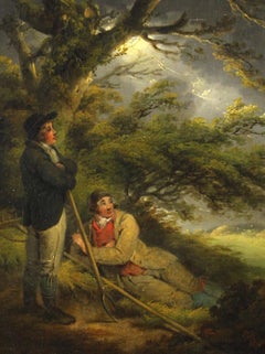 Sheltering from the storm / - Romantic landscape illuminated by lightning bolt -