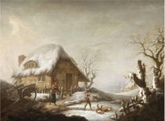 Les Jeux d'hiver - Huile du 18e siècle:: figures dans un paysage de neige par George Morland