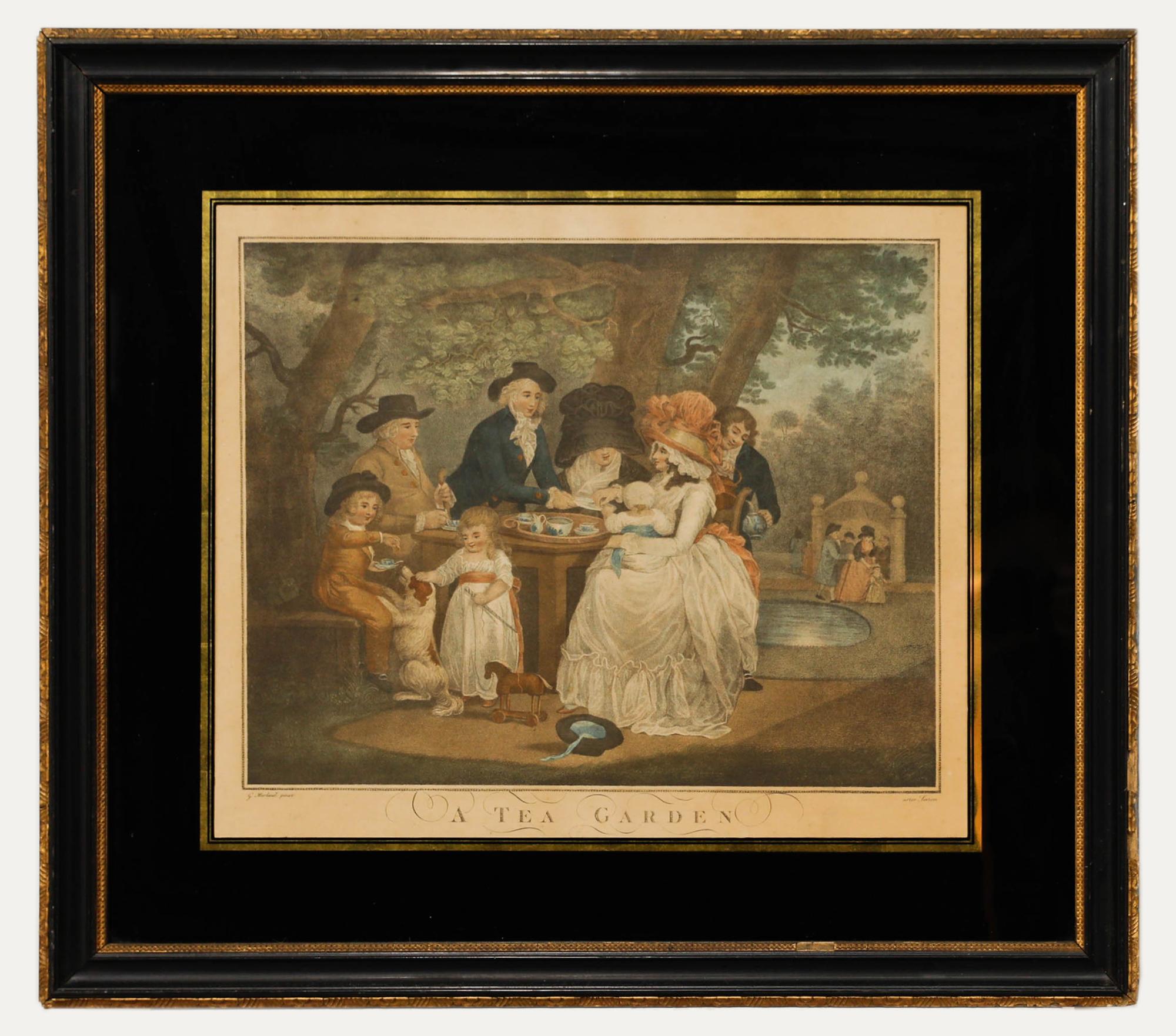 This early engraving captures a bustling Georgian scene in detail. The composition draws the eye down a central thoroughfare where a family sits to enjoy afternoon tea in a beautiful tree-lined garden. The artist's skillful use of perspective and