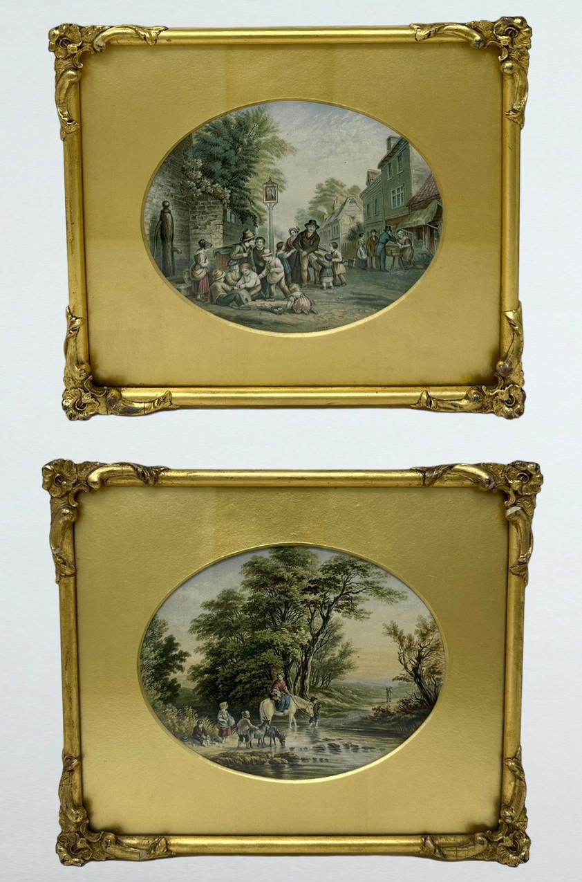 A Rare Pair of Hand Coloured Engravings Rural Scenes after renowned artist George Morland, in the style of George Baxter or Le Blond, mid to late Nineteenth Century 

Title “Crossing the Brook” and “Please Remember the Grotto” complete with their
