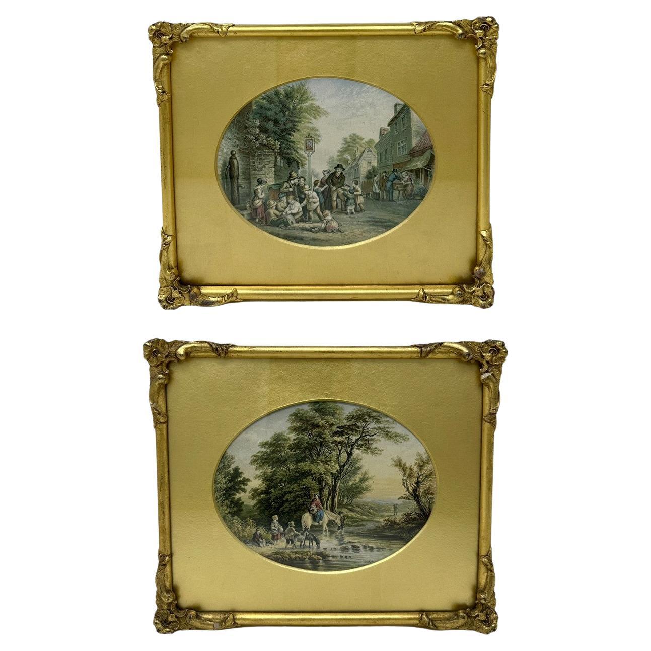 George Morland Antique Pair Hand Colored Prints Engravings Rural Scenes Le Blond