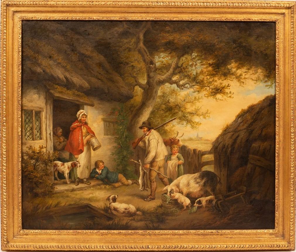 George Morland(follower) landscape, oil, country scene, dogs, pigs, cottage  - Painting by george morland (follower)