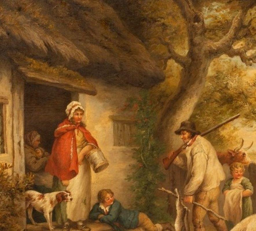George Morland(follower) landscape, oil, country scene, dogs, pigs, cottage  - Realist Painting by george morland (follower)