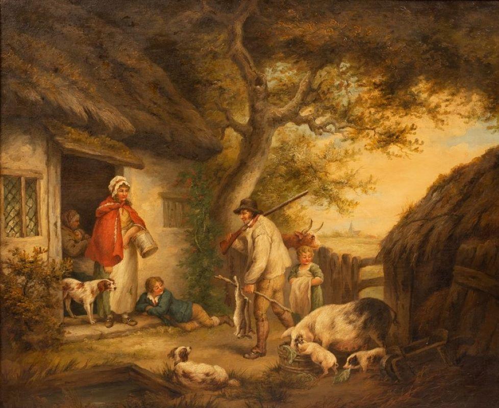 George Morland(follower) landscape, oil, country scene, dogs, pigs, cottage  - Brown Landscape Painting by george morland (follower)