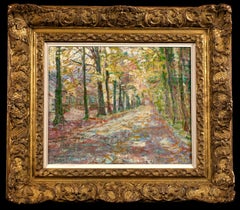 Mentone - L'allee d'arbres - Paesaggio impressionista olio di George Morren