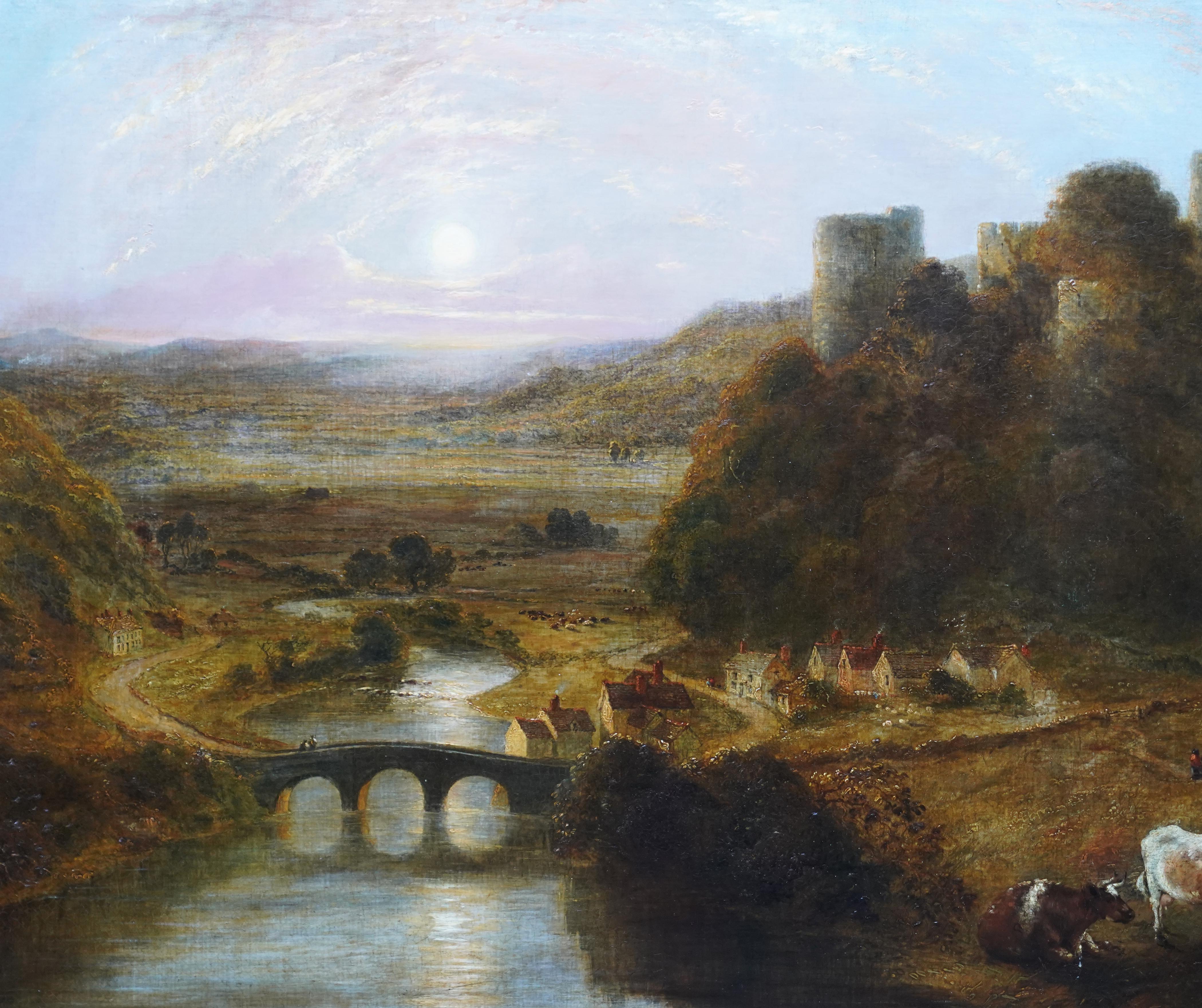 Castle and River Landscape - British 19thC art oil painting follower of Turner - Old Masters Painting by George Mote