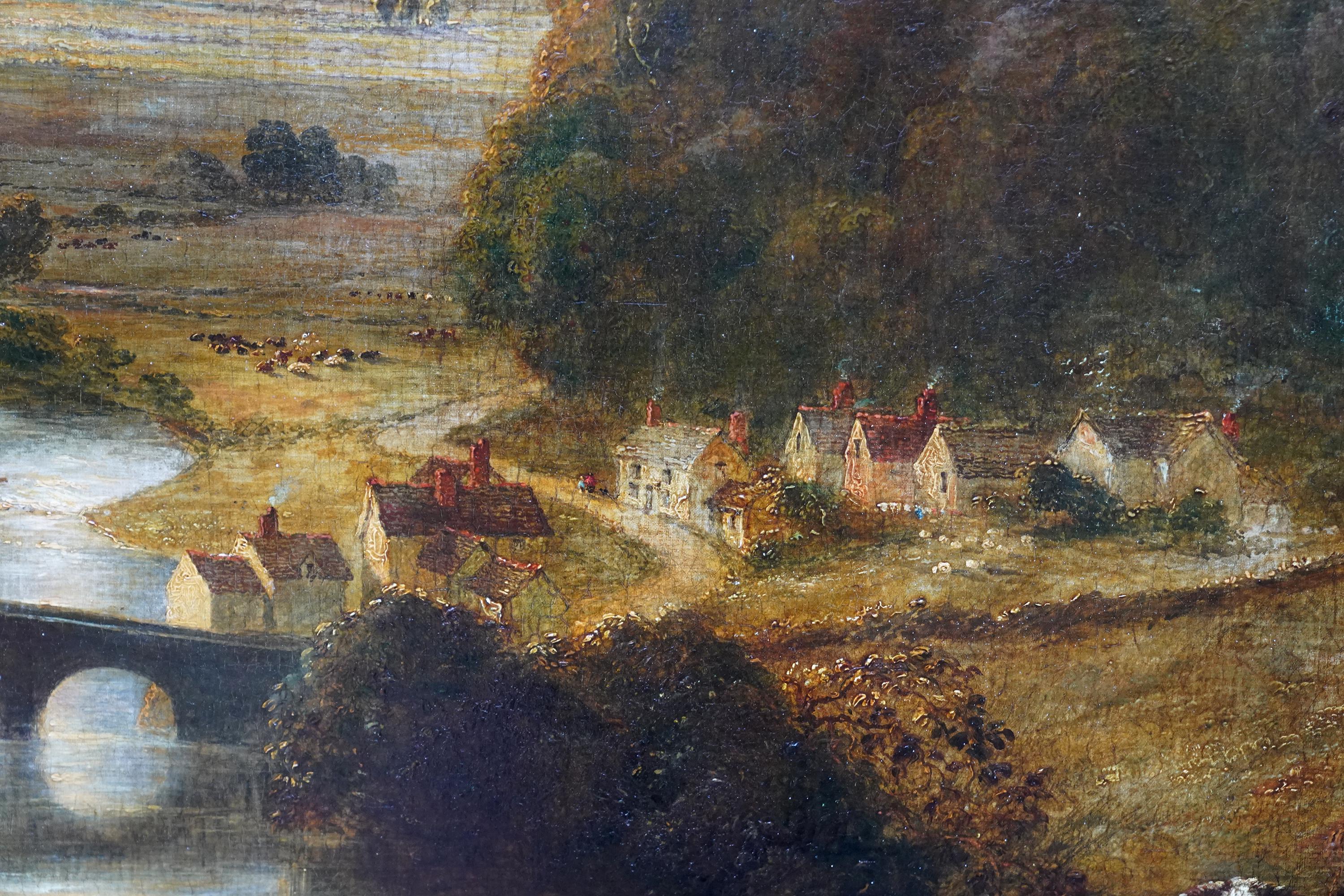 This stunning large 19th century landscape oil painting is attributed to follower of Joseph Turner, possible George William Mote.  Painted circa 1850  it is a panoramic landscape looking down across a valley, past cows in the foreground to a bridge,