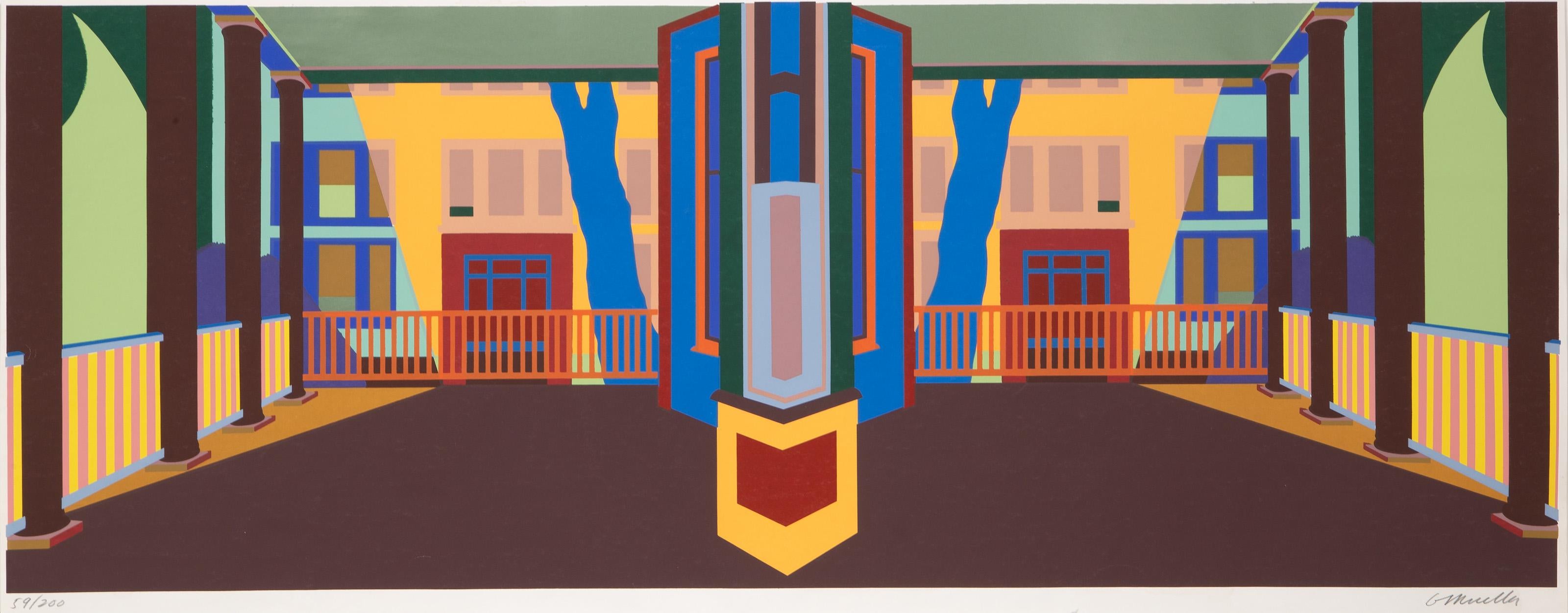 George Mueller, American (1929 - 2021) - Mirrored Porch, Year: circa 1968, Medium: Screenprint, signed and numbered in pencil, Edition: 200, Image Size: 13.5 x 36 inches, Size: 14 x 36.25 in. (35.56 x 92.08 cm)