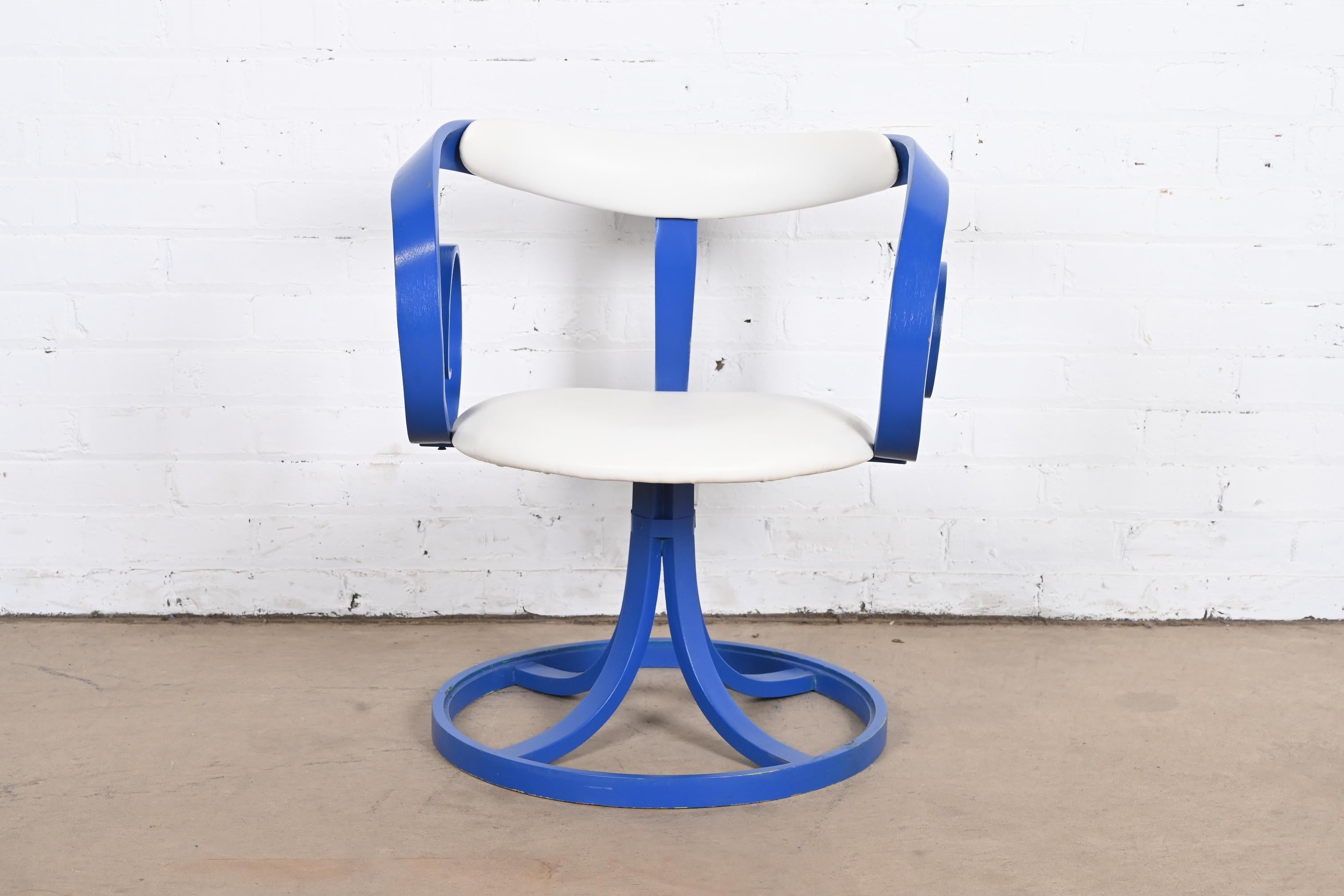 Mid-Century Modern George Mulhauser for Plycraft Blue Sultana Swivel Armchair For Sale