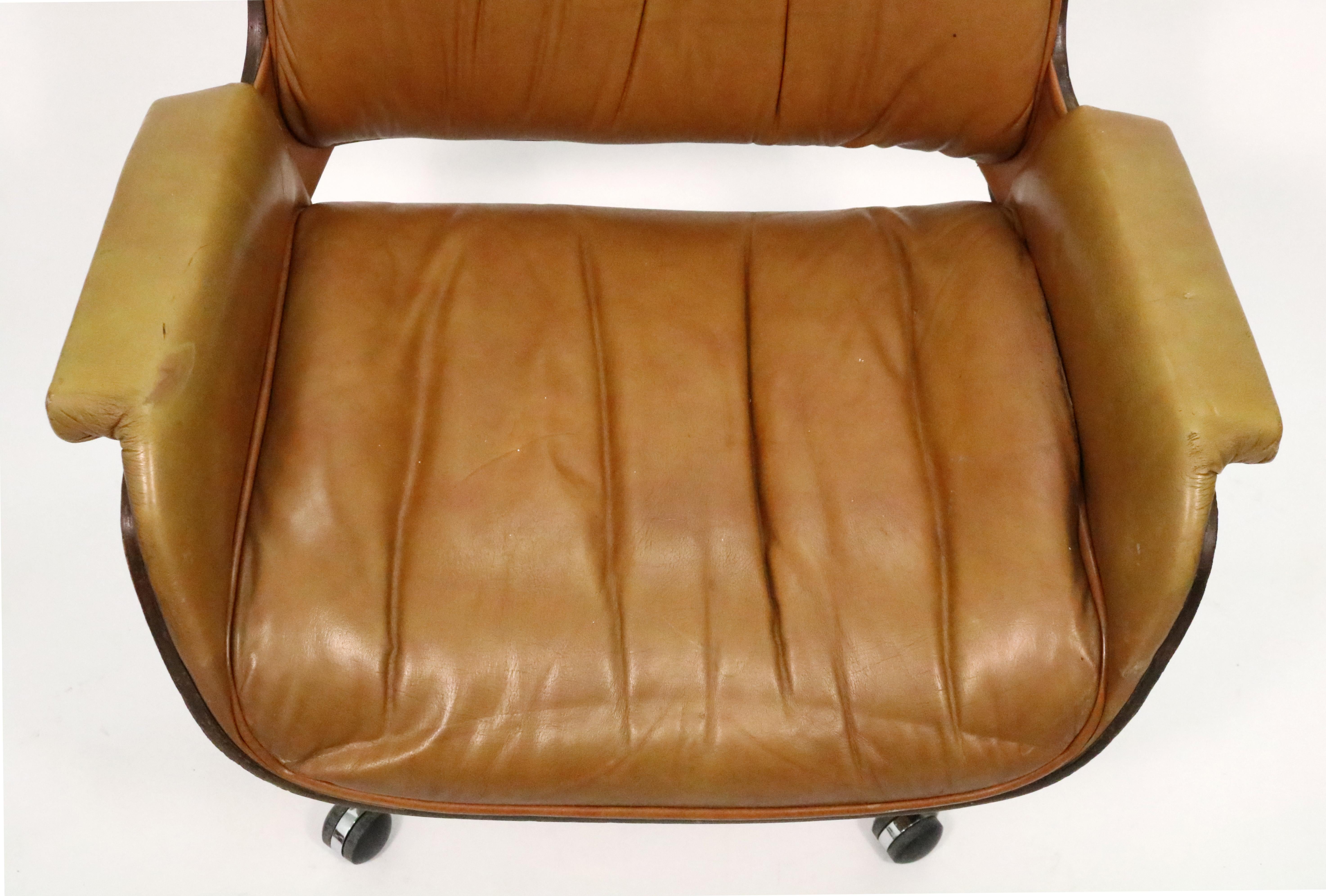 Molded George Mulhauser for Plycraft Cognac Leather Desk Chair