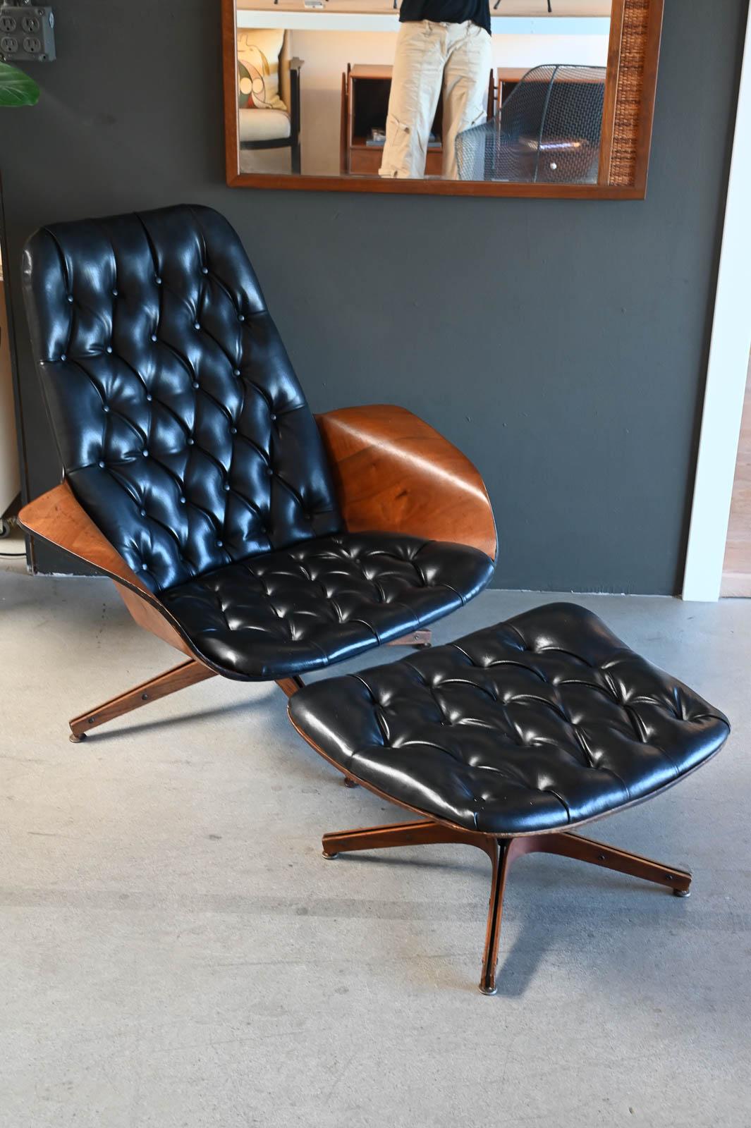 George Mulhauser for Plycraft Mr. Chair & Ottoman, ca. 1970.  All original, this chair has not been restored and is in good original vintage condition.  The vinyl is free of tears or cracking and the base is solid.  Bentwood frame does show some