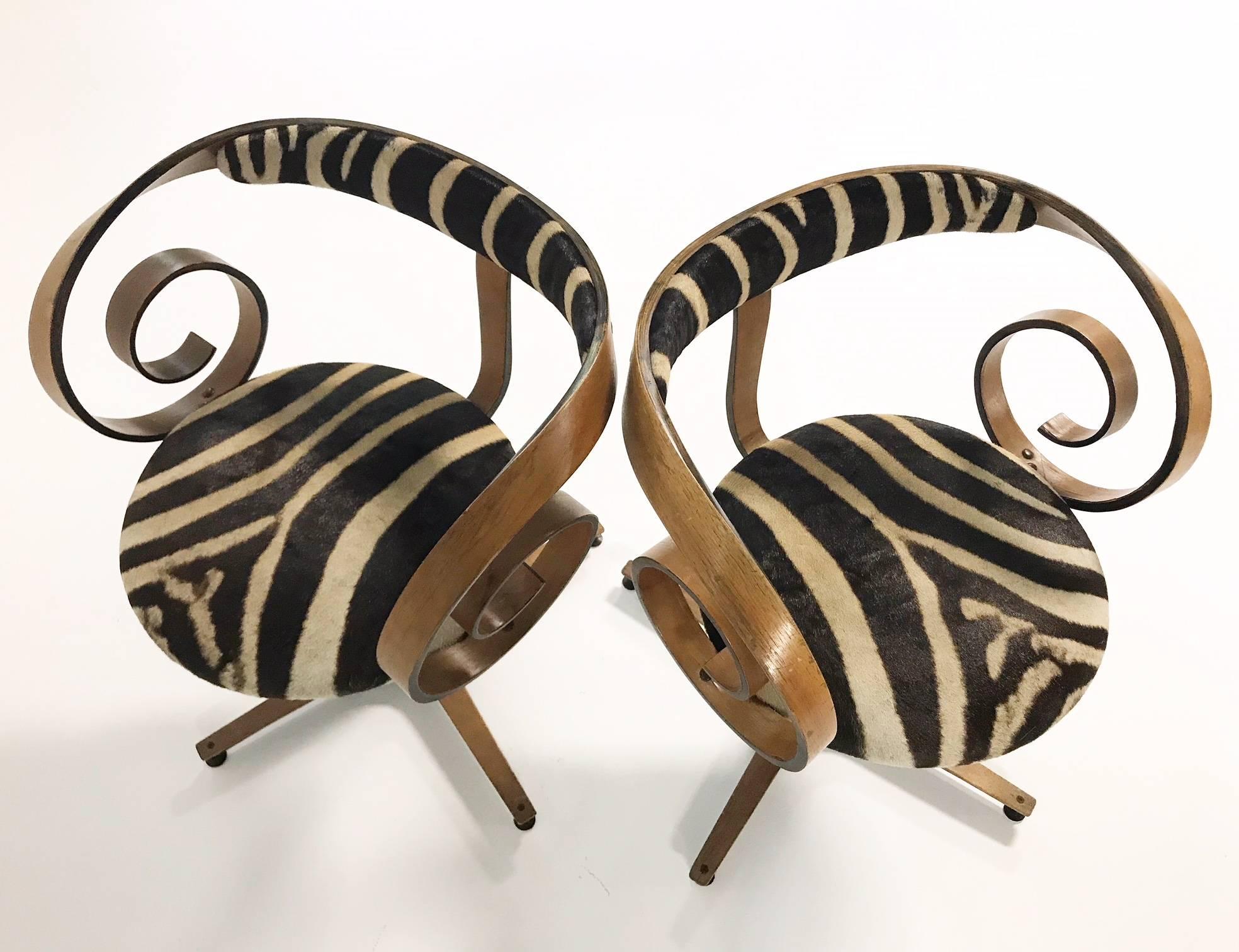 George Mulhauser for Plycraft Sultana Chairs Restored in Zebra Hide, Pair 4