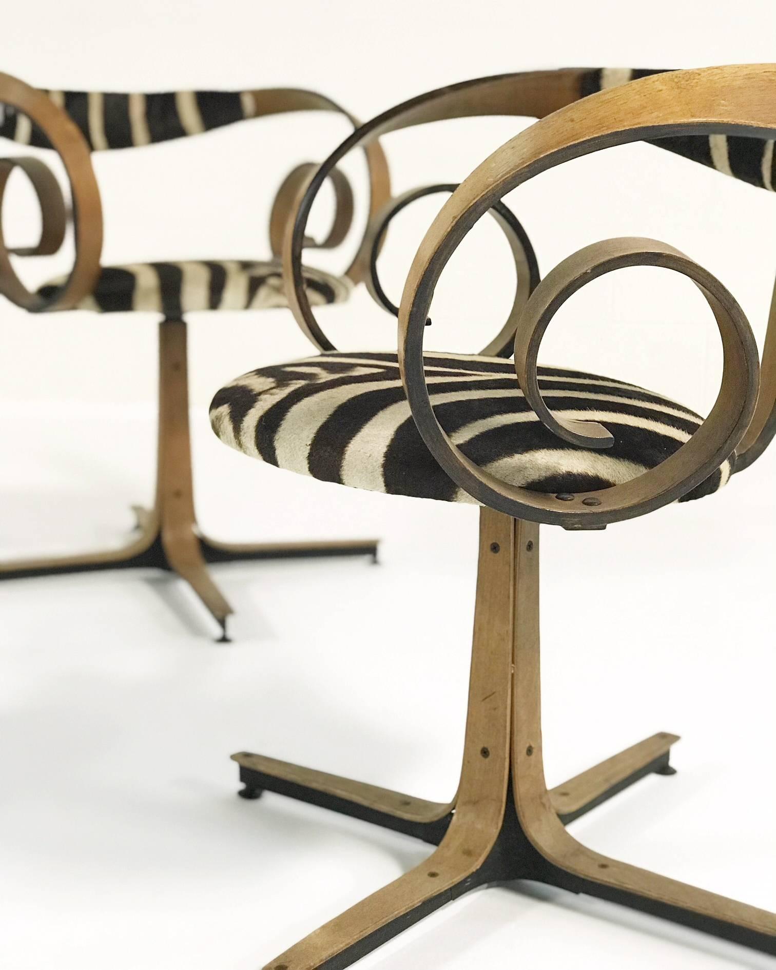 Mid-Century Modern George Mulhauser for Plycraft Sultana Chairs Restored in Zebra Hide, Pair