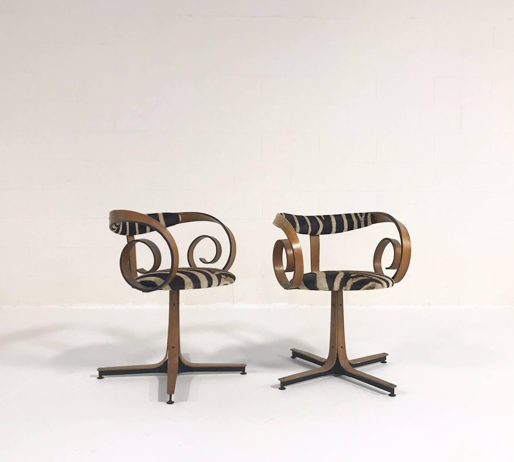 North American George Mulhauser for Plycraft Sultana Chairs Restored in Zebra Hide, Pair
